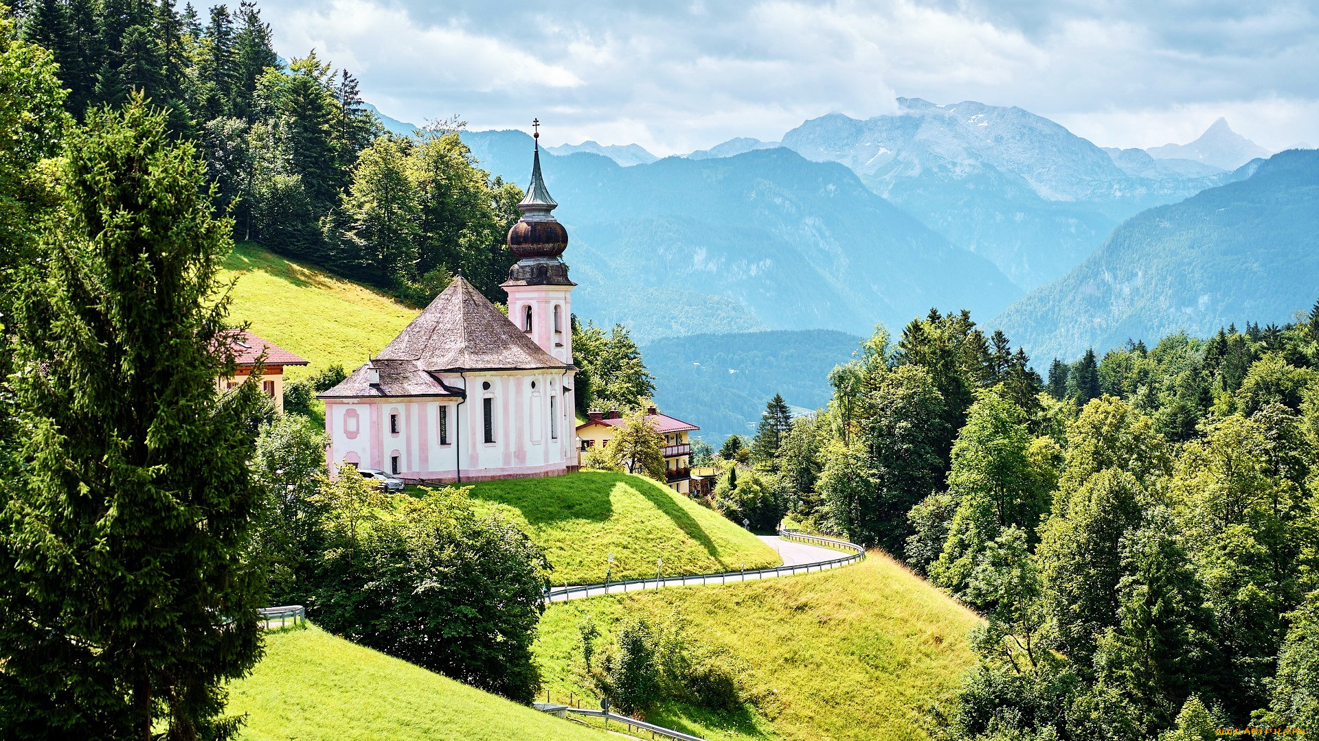 города, берхтесгаден, , германия, горы, лес, дорога, костел