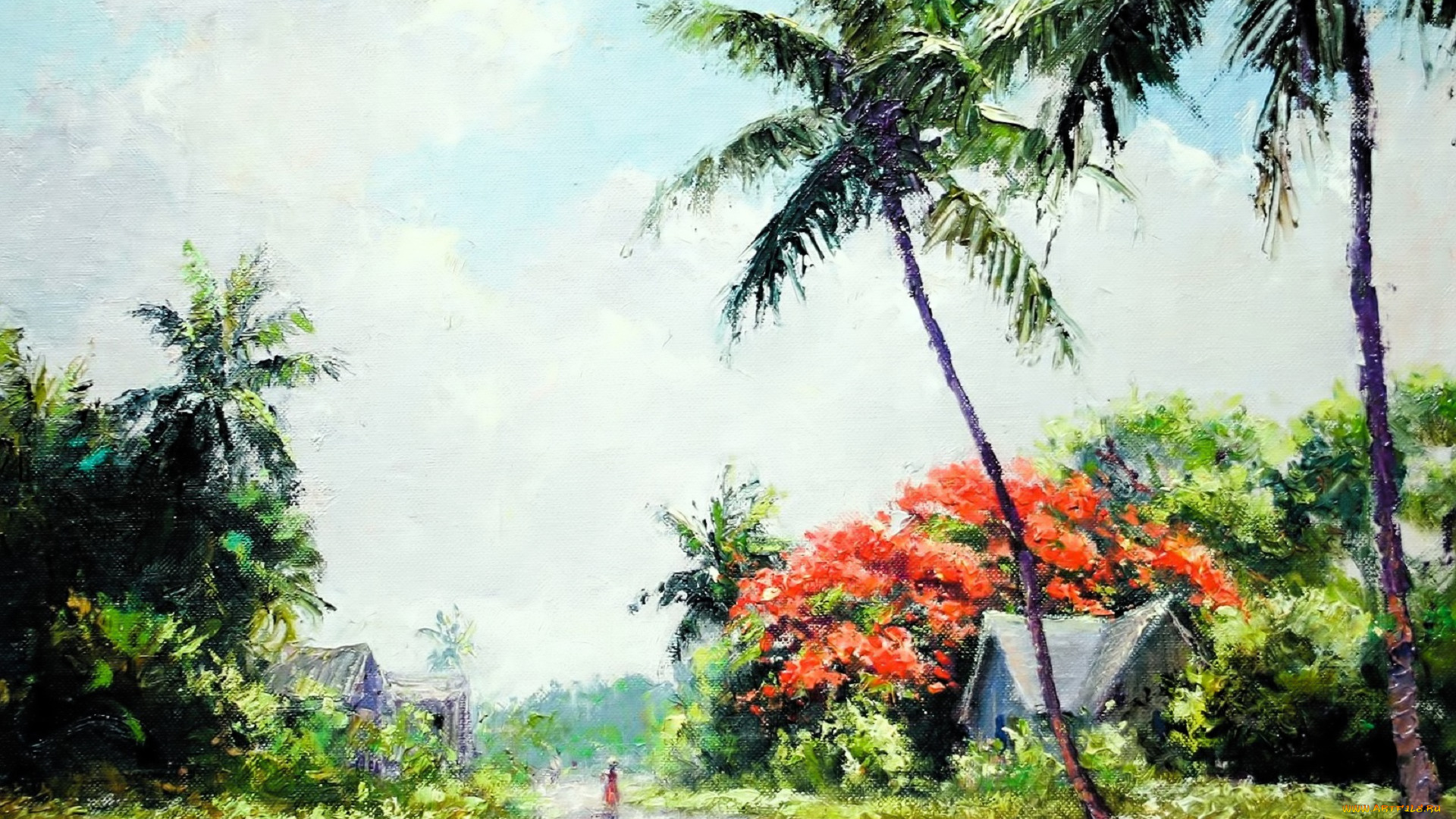 рисованное, albert, ernest, backus, деревья, тропики, дома, дорога, человек