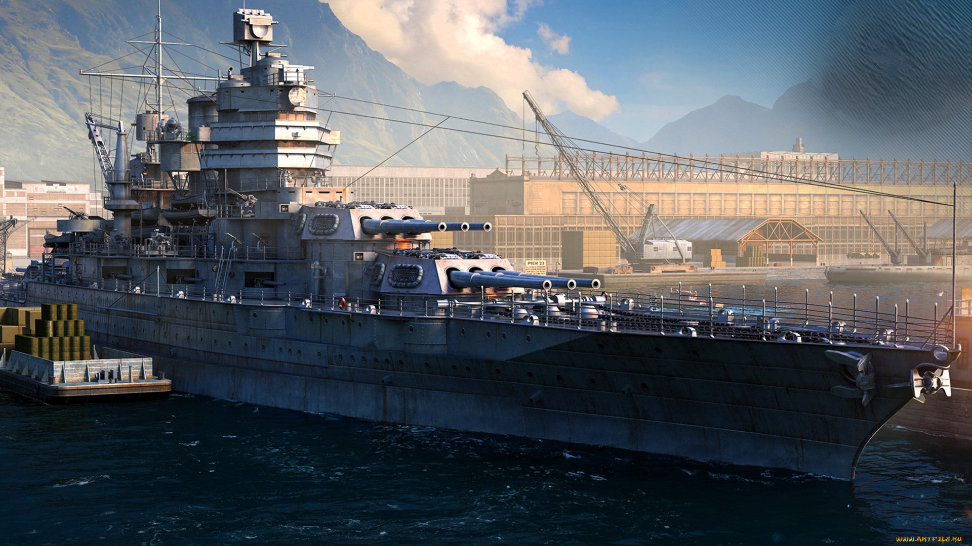 видео, игры, world, of, warships, корабль, здания, порт, море