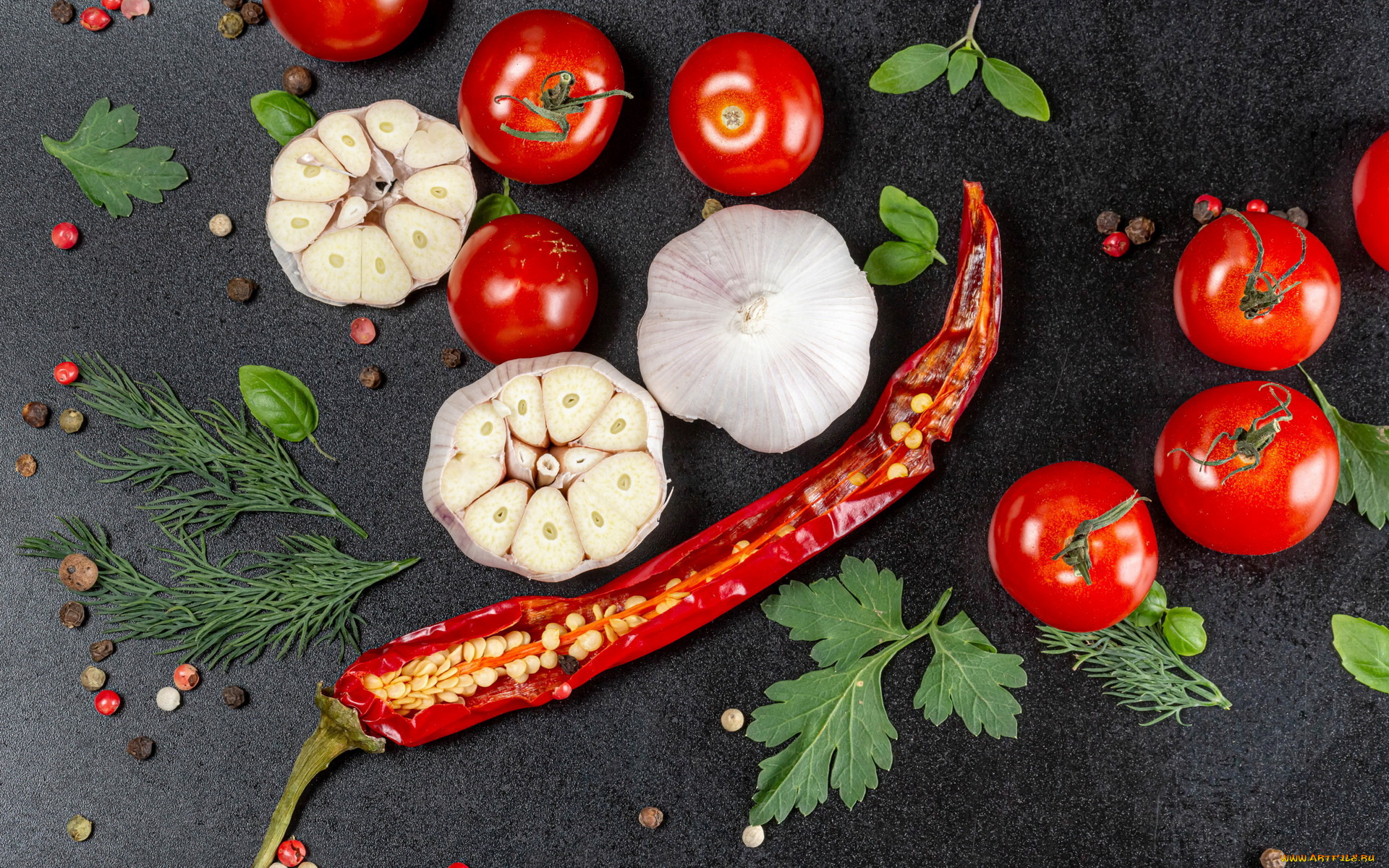 еда, овощи, острый, перец, чеснок, помидоры, укроп, петрушка