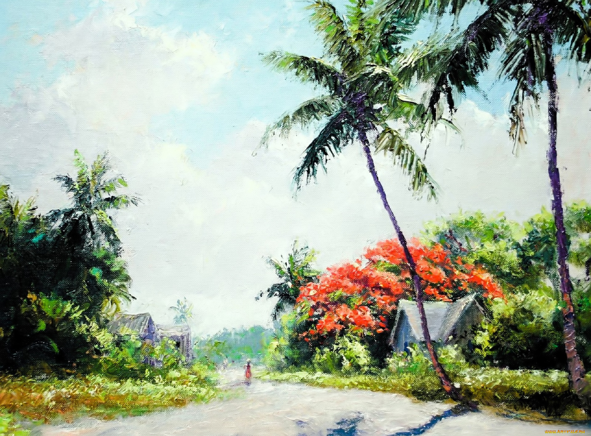 рисованное, albert, ernest, backus, деревья, тропики, дома, дорога, человек