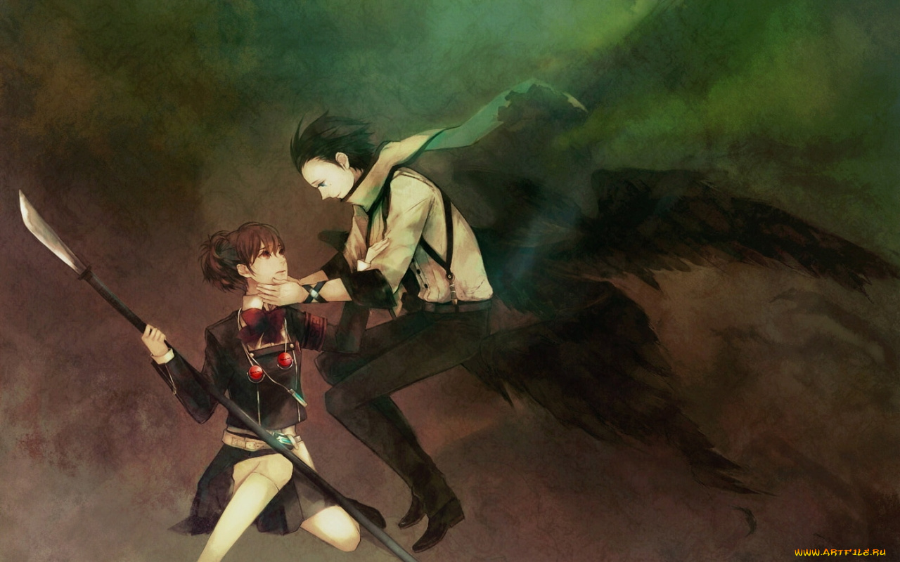 аниме, angels, demons, девушка, парень, ангел, крылья, копье, оружие, форма, прикосновение