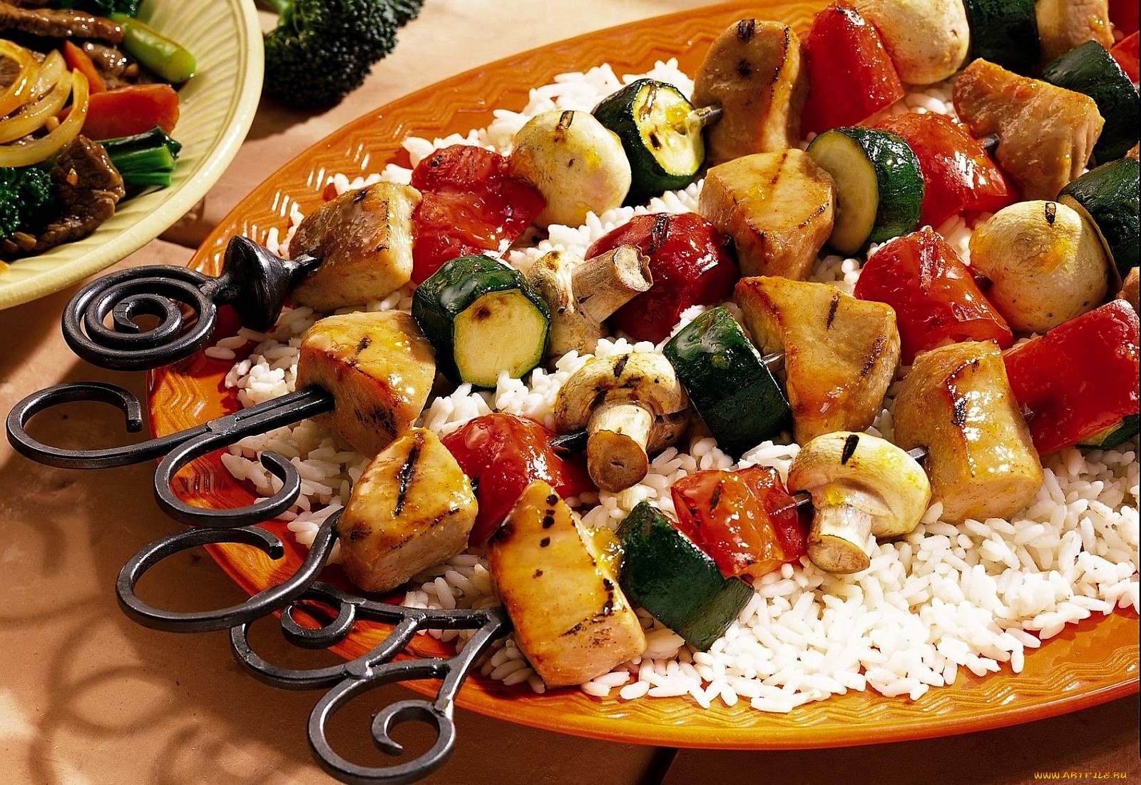 еда, шашлык, барбекю, рис, овощной