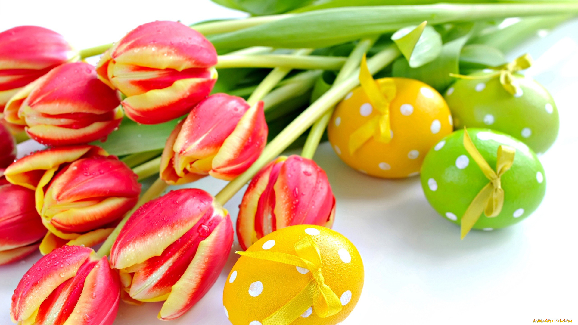 праздничные, пасха, тюльпаны, яйца, бантики