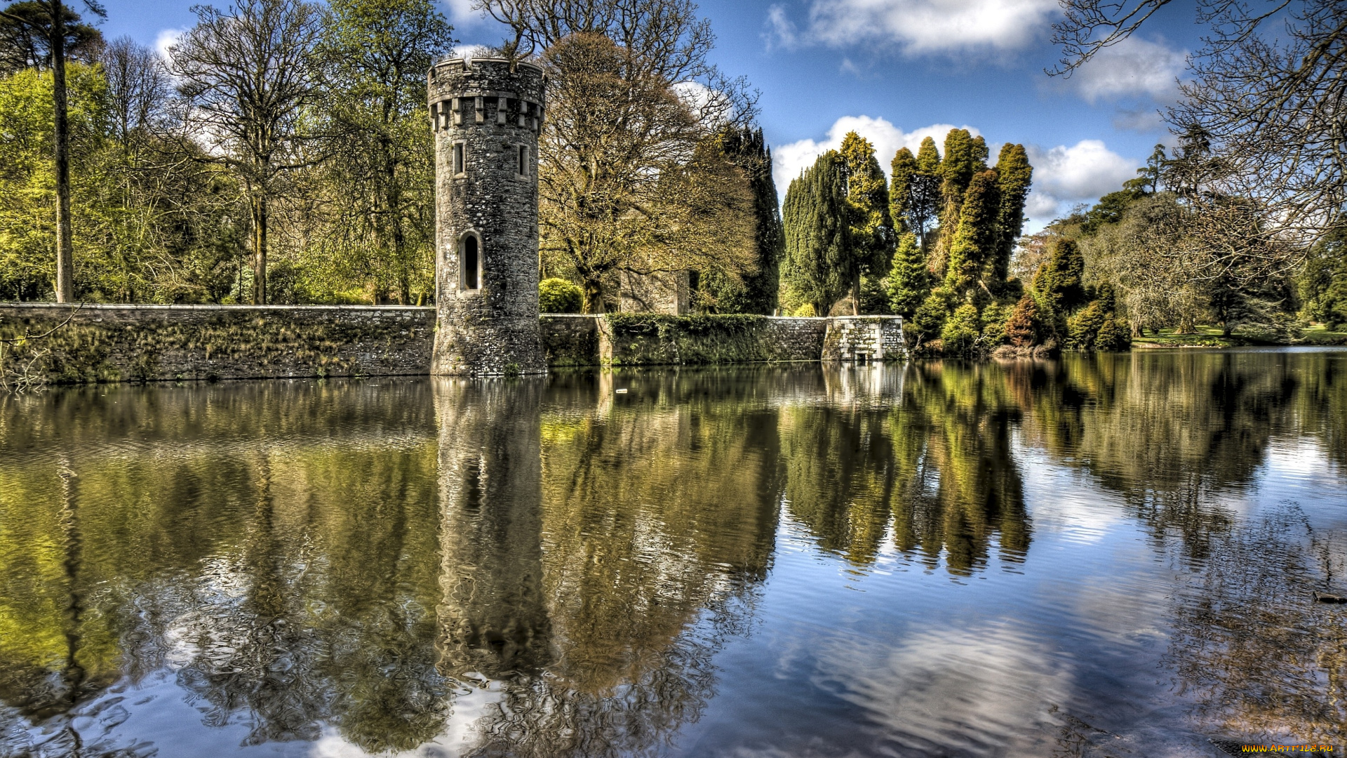 природа, реки, озера, вода, отражение, башня, деревья