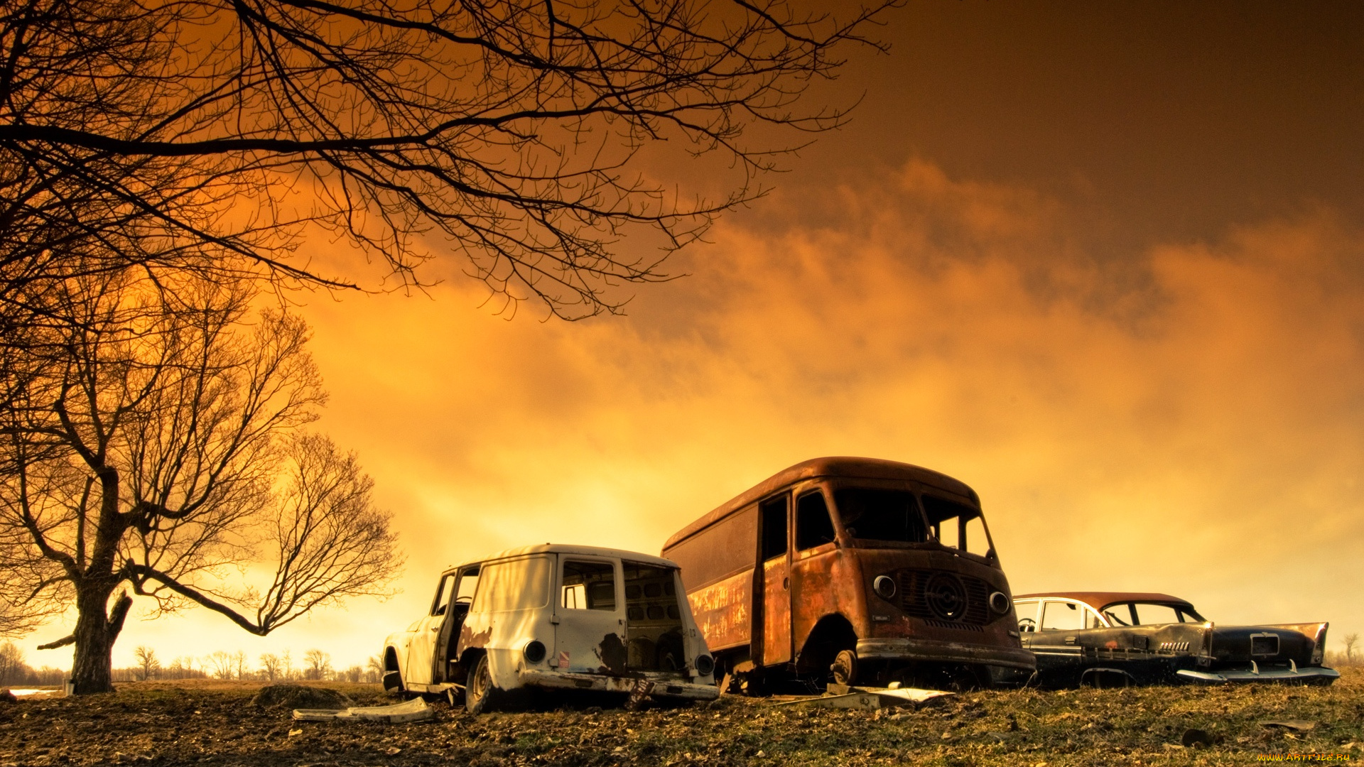 разное, развалины, руины, металлолом, поле, железный, хлам, деревья, небо