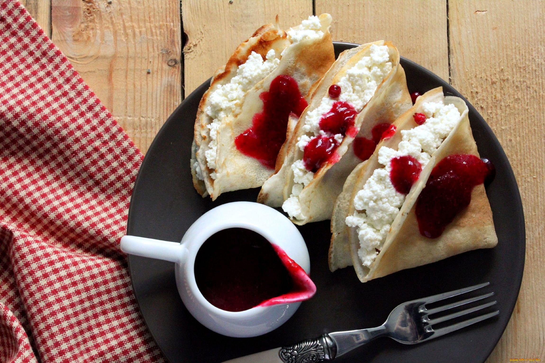 еда, блины, оладьи, творог, сироп, вилка, блинчики