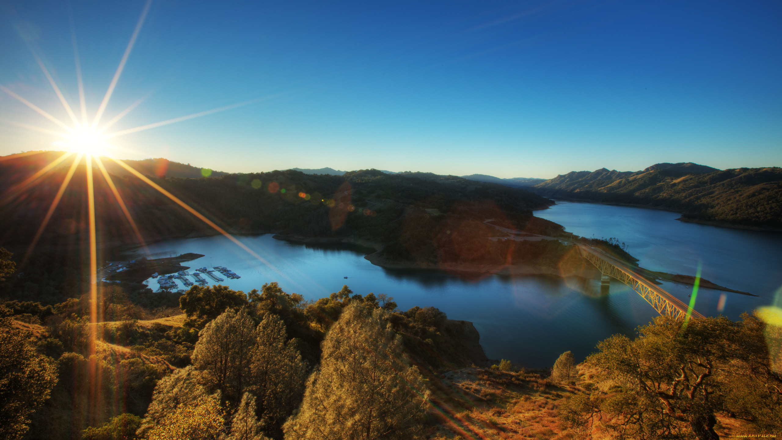 природа, восходы, закаты, река, солнце, мост, небо, холмы, лучи
