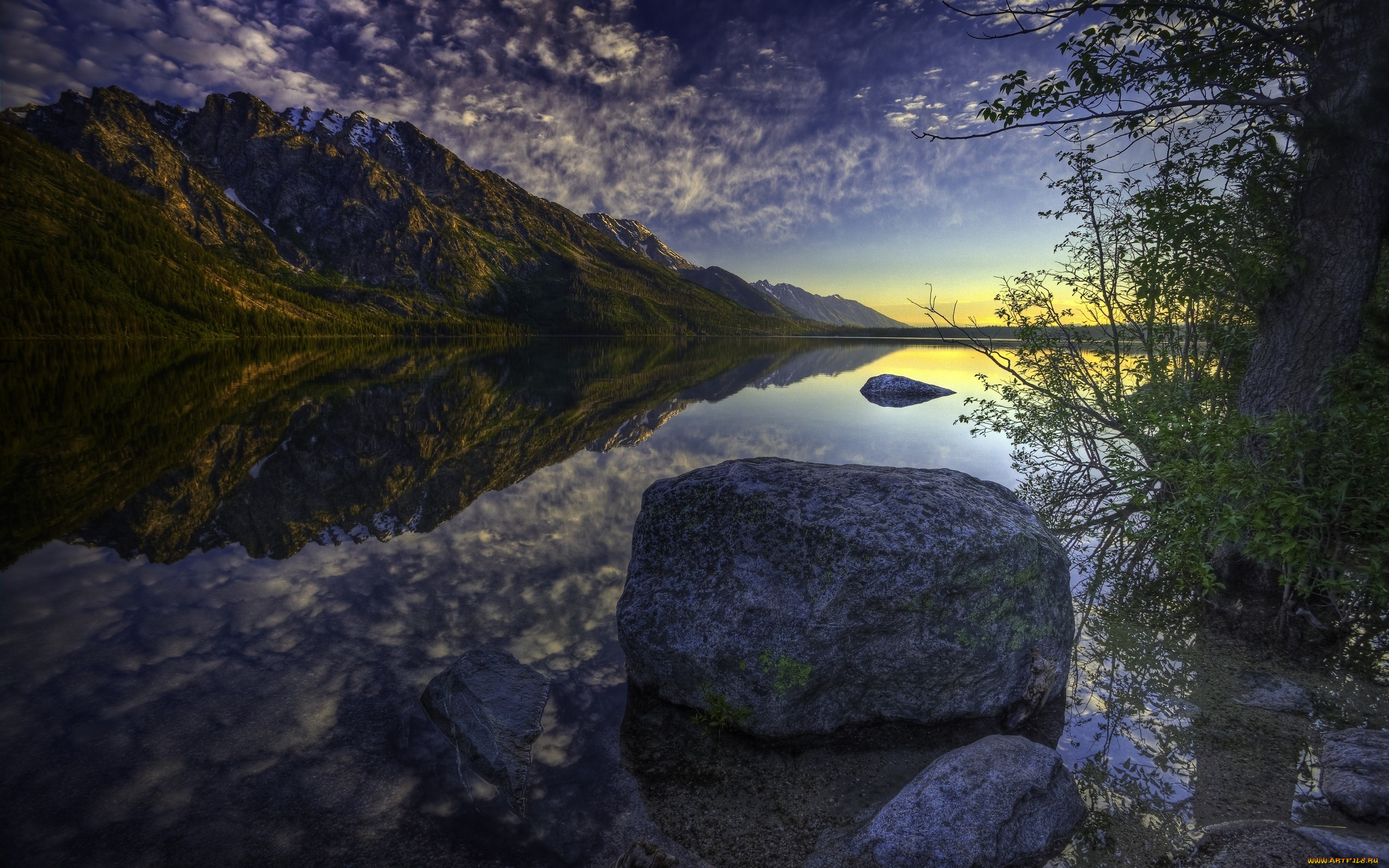 природа, реки, озера, закат, небо, вода, берег, камень