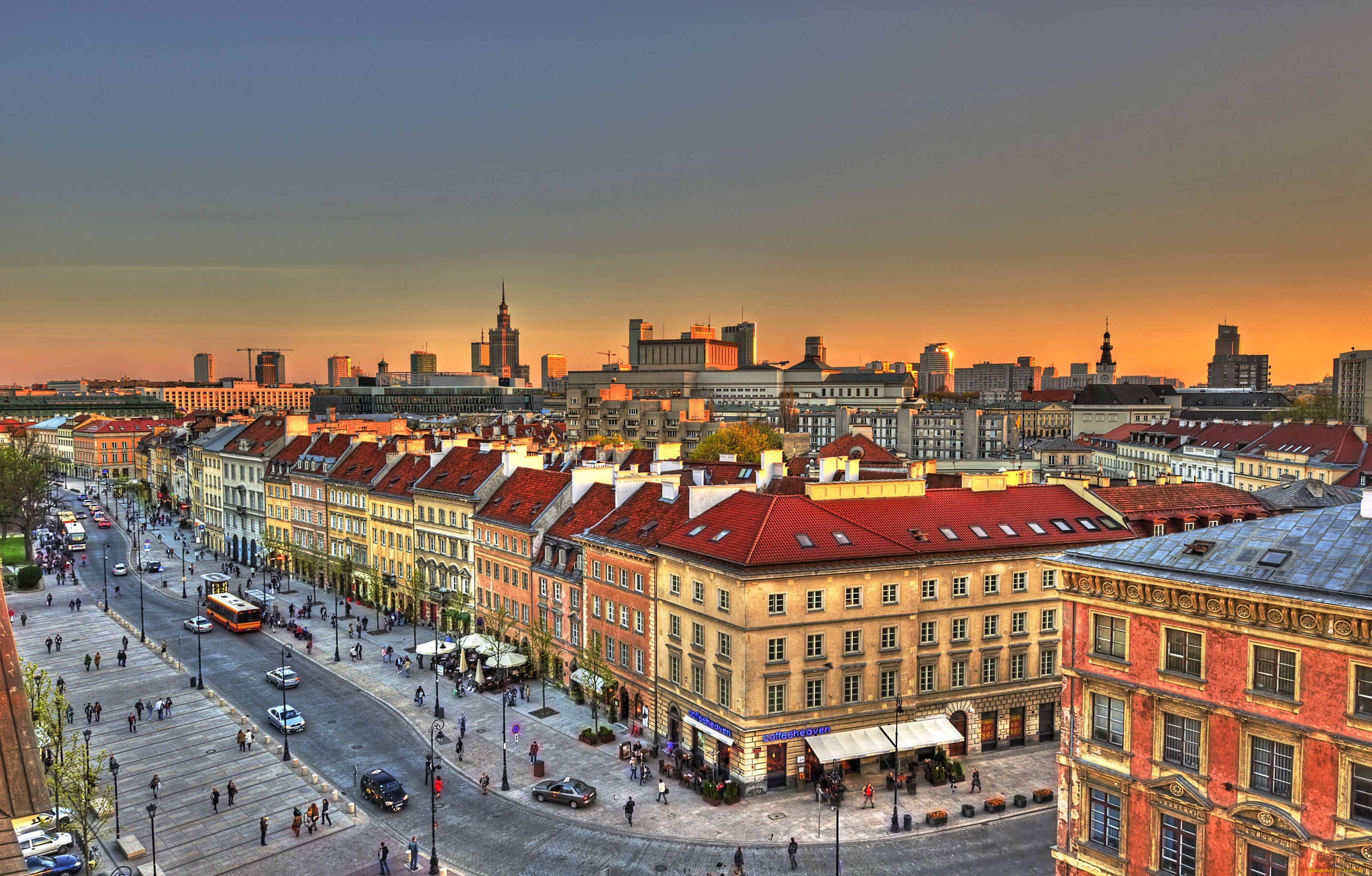 города, варшава, польша, дорога, крыши, дома, транспорт