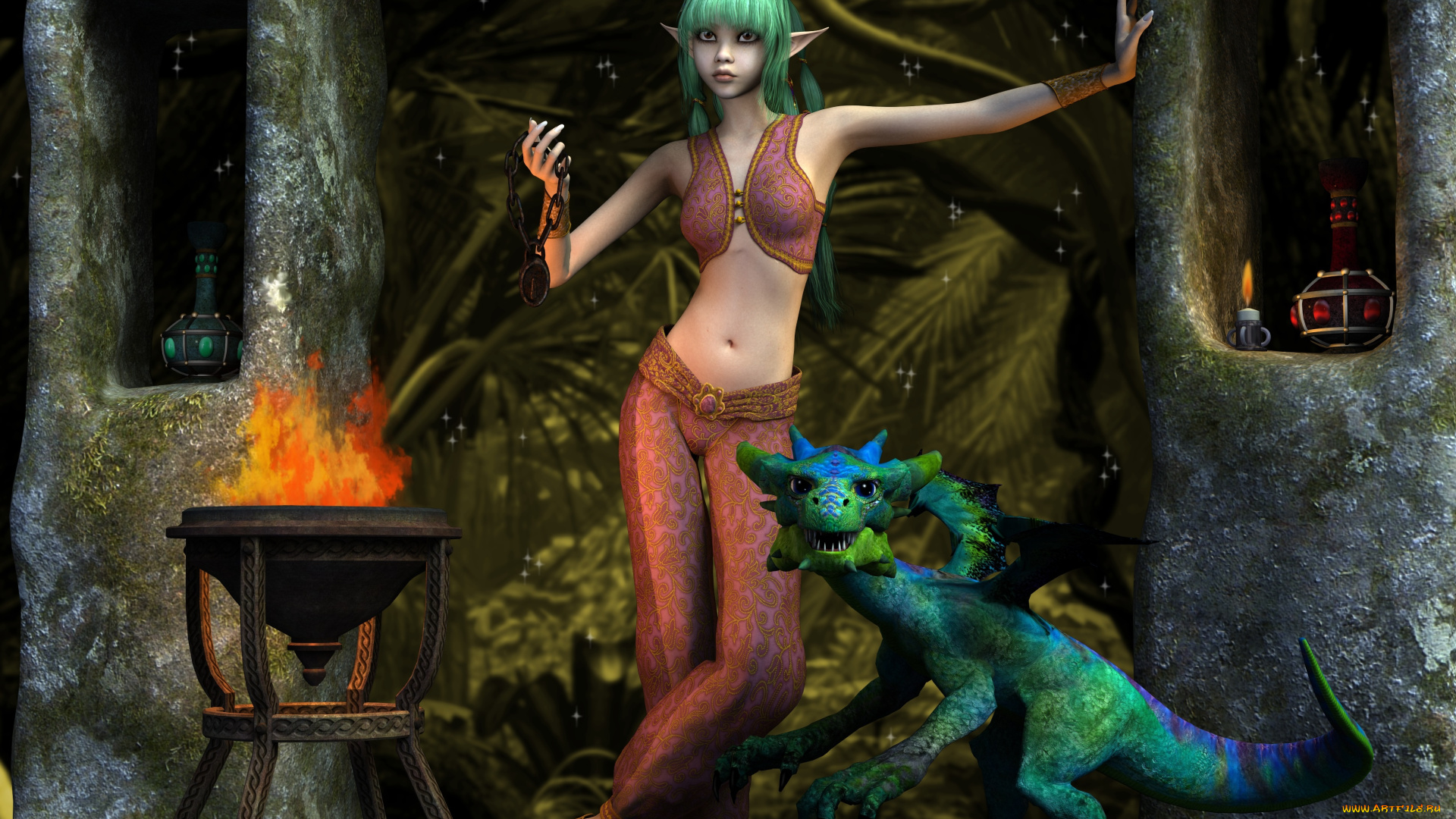 3д, графика, fantasy, фантазия, эльфийка, дракон