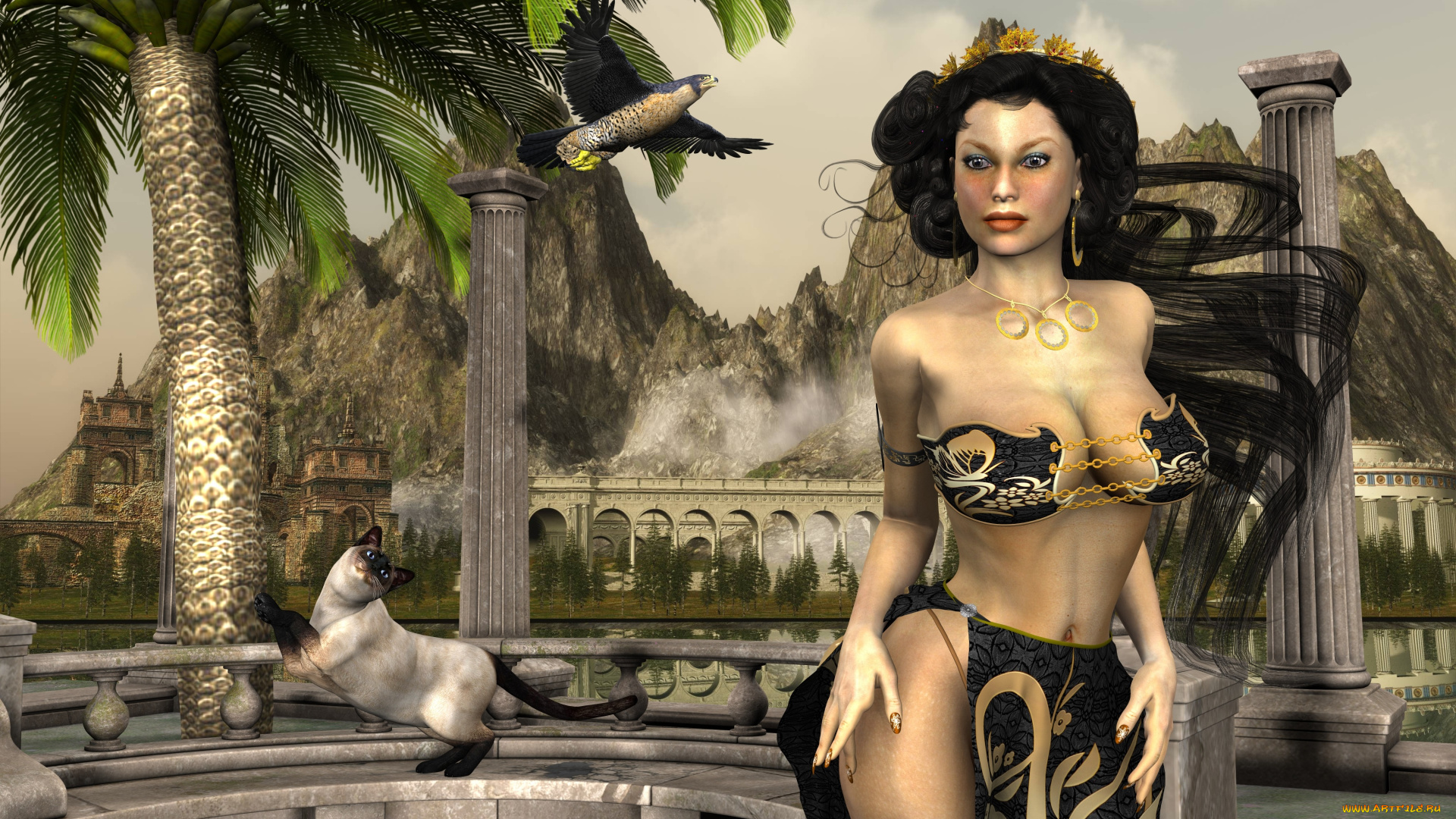 3д, графика, fantasy, фантазия, пальмы, птица, кот, девушка