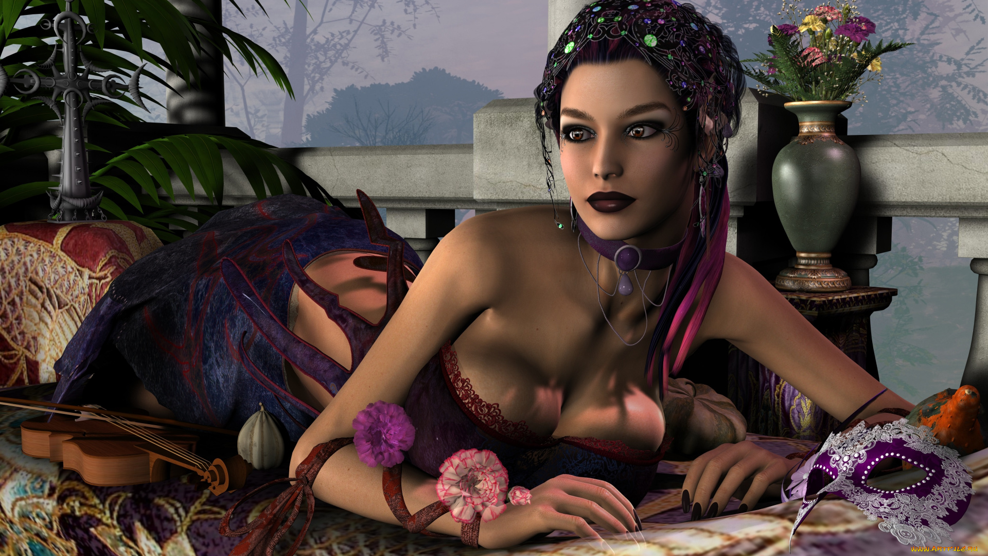 3д, графика, people, люди, маска, цветы, девушка