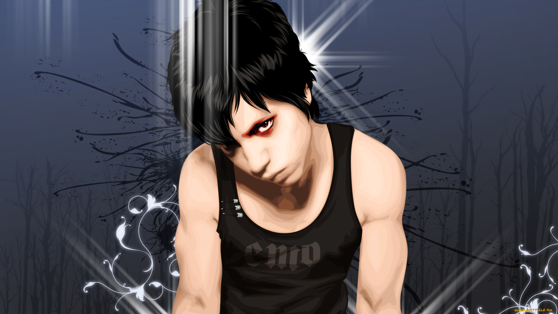 векторная, графика, взгляд, майка, парень, эмо