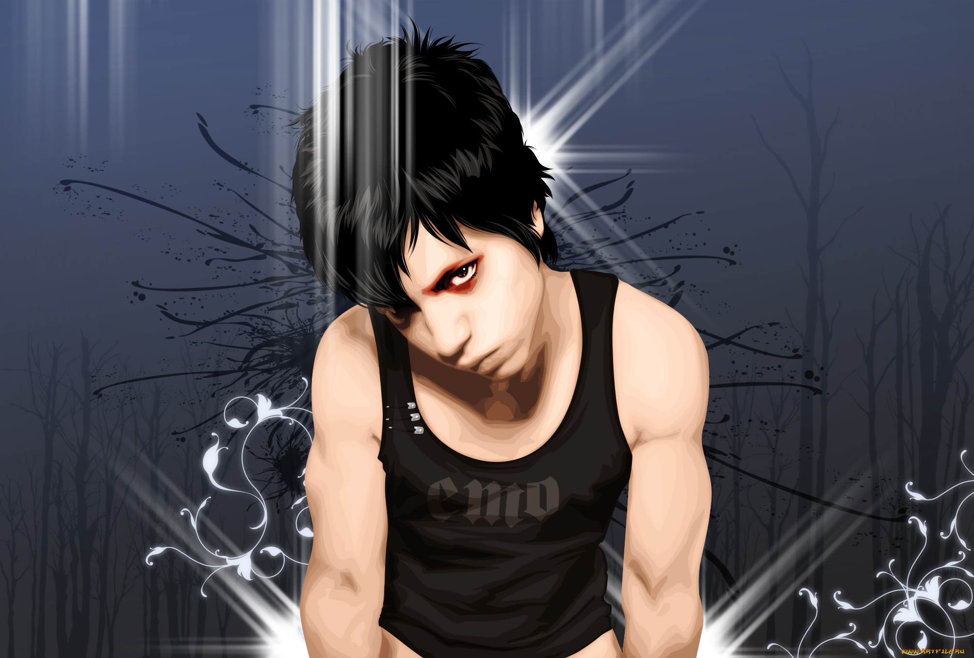 векторная, графика, взгляд, майка, парень, эмо