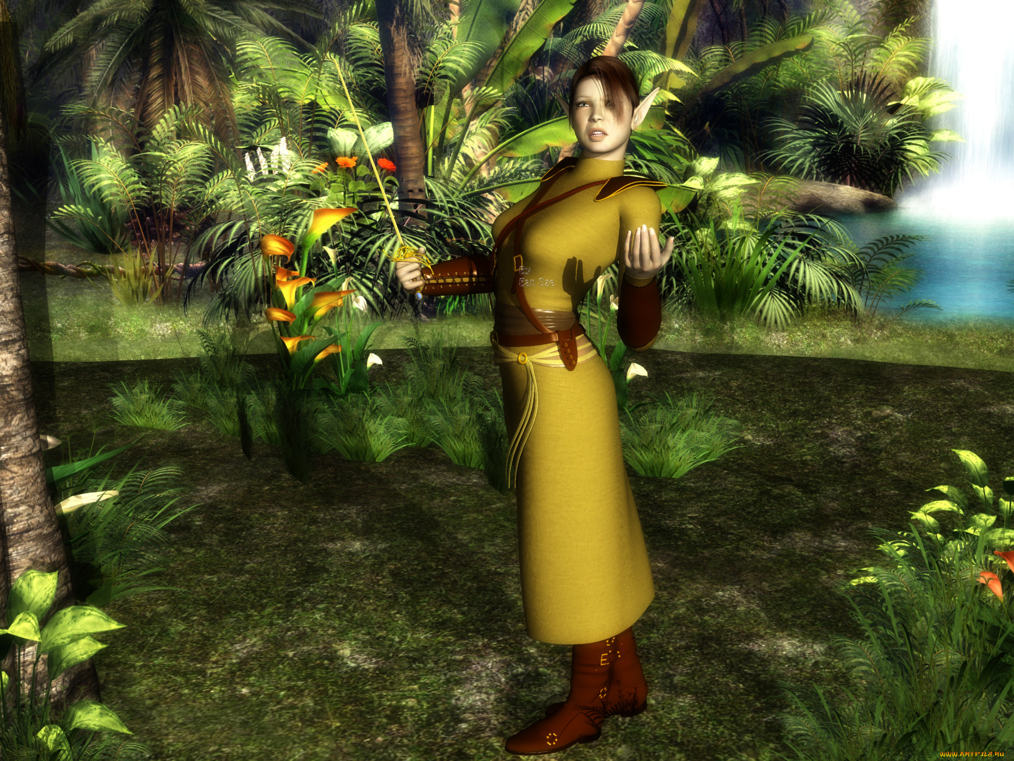 3д, графика, elves, эльфы, природа, лес, эльфийка