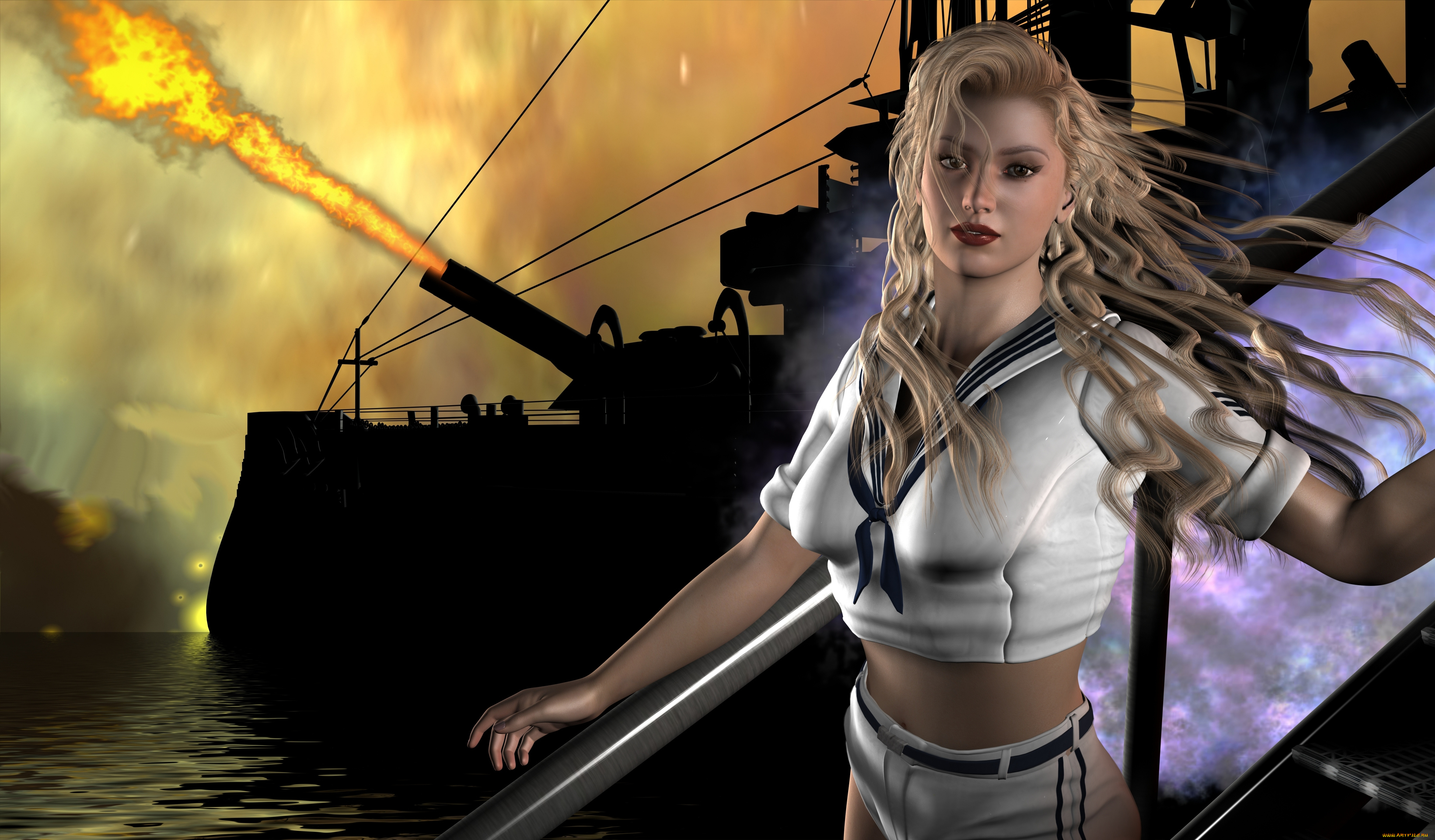 3д, графика, people, люди, залп, корабль, девушка