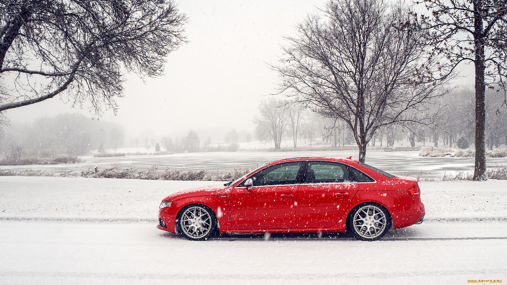 автомобили, audi, red, снег, зима, красная, s4, ауди, профиль