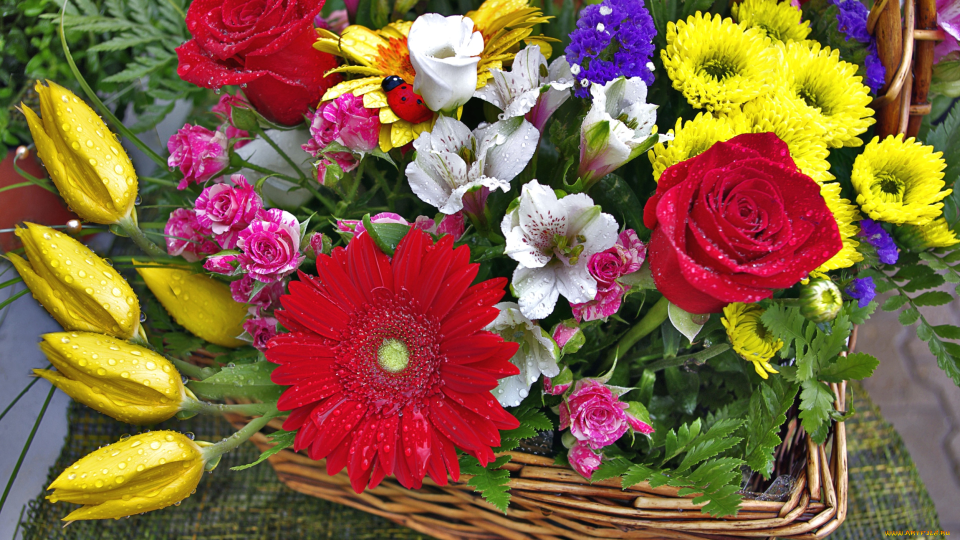 цветы, разные, вместе, розы, тюльпаны, герберы