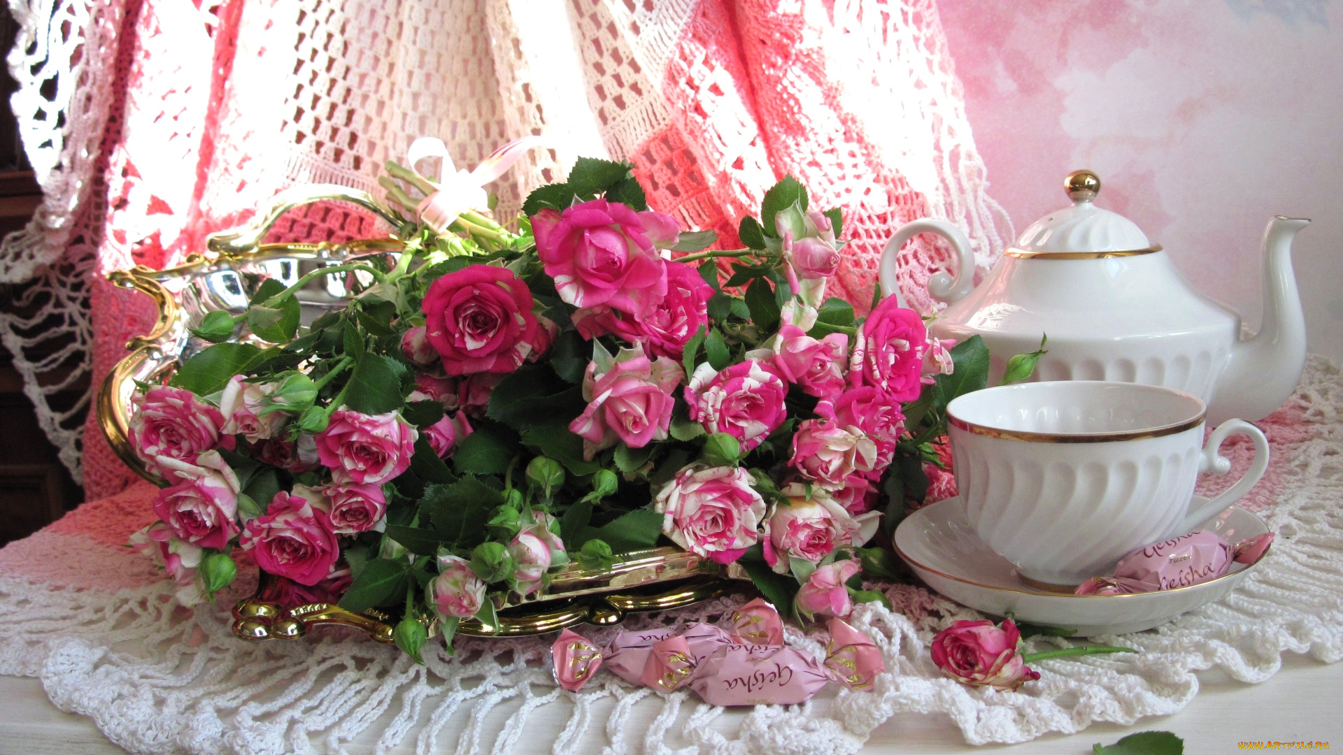 цветы, розы, чайник, пестрый