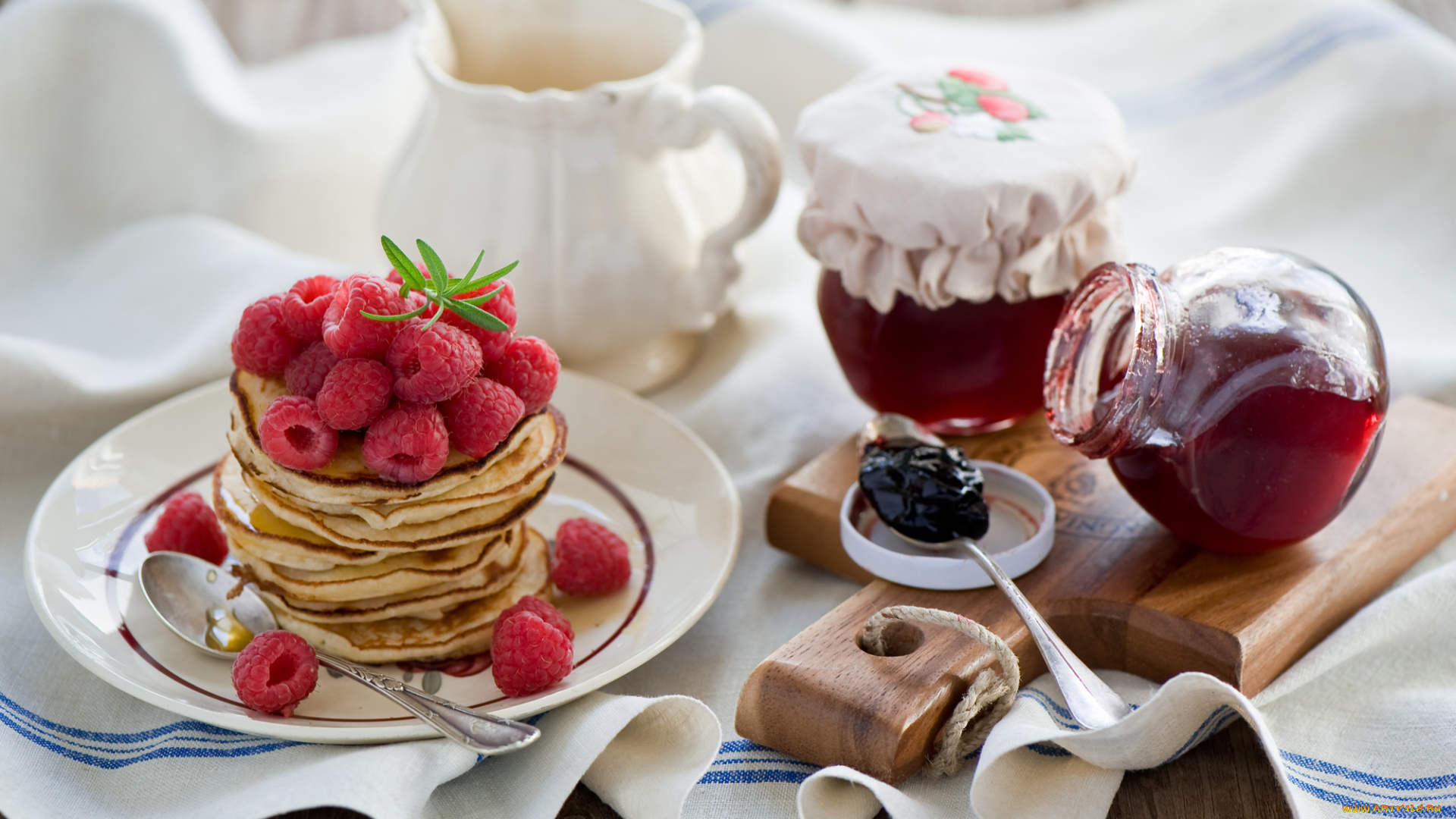 еда, блины, , оладьи, малина, ягоды, блинчики, оладьи, джем