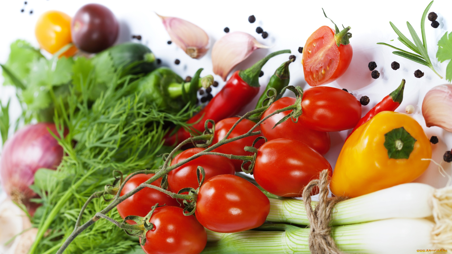 еда, овощи, помидоры, укроп, перец, лук
