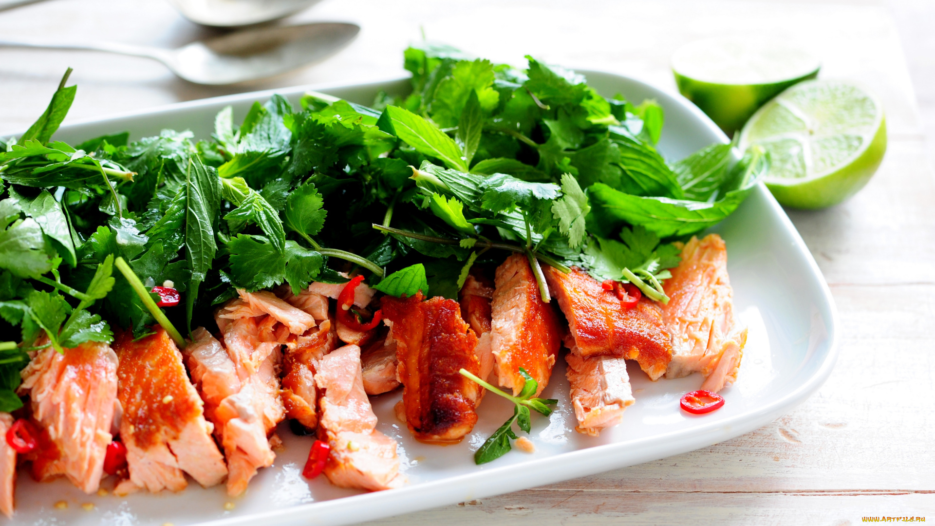 еда, рыбные, блюда, , с, морепродуктами, лайм, зелень, рыба