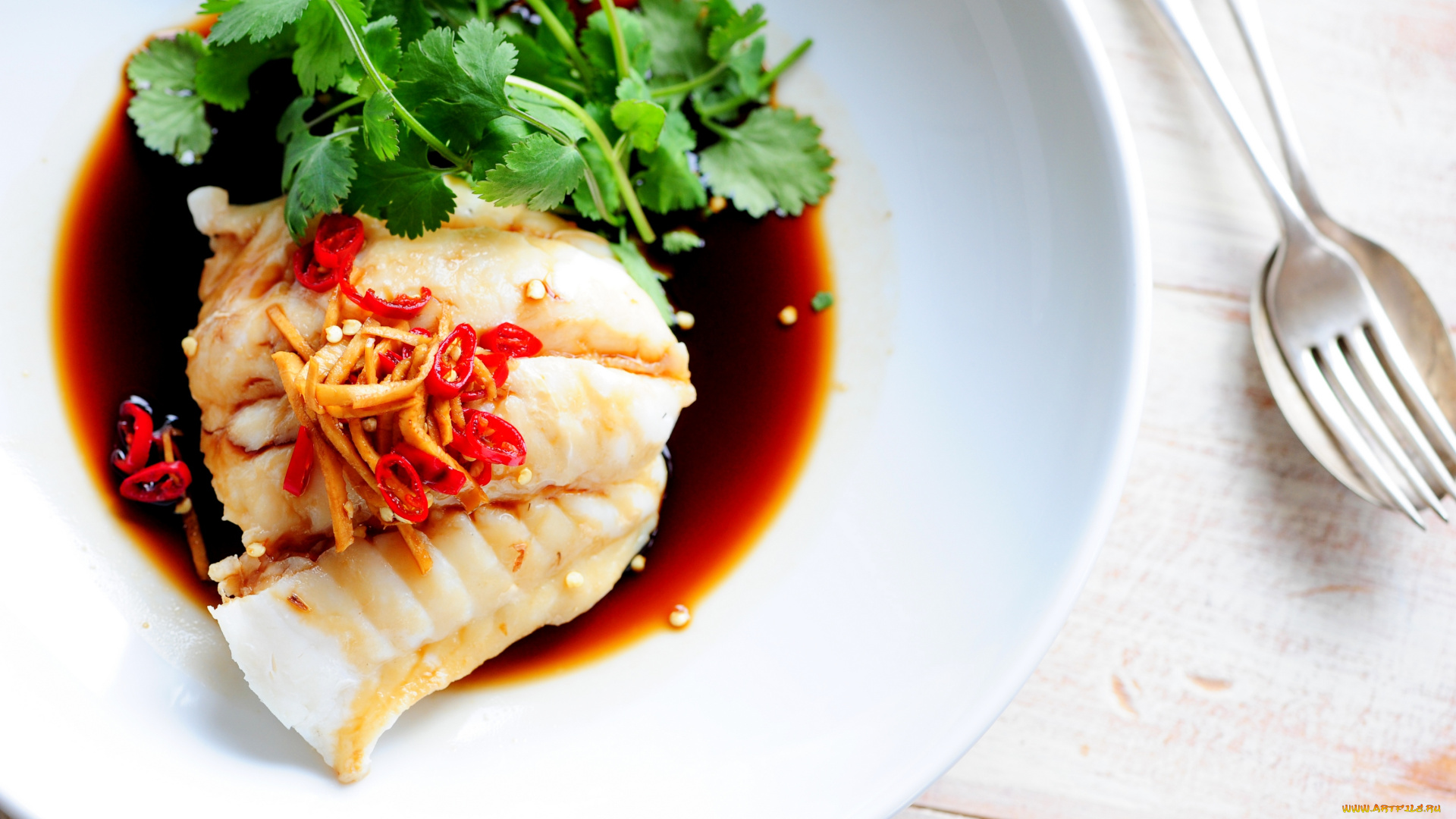 еда, рыбные, блюда, , с, морепродуктами, рыба, зелень, соус