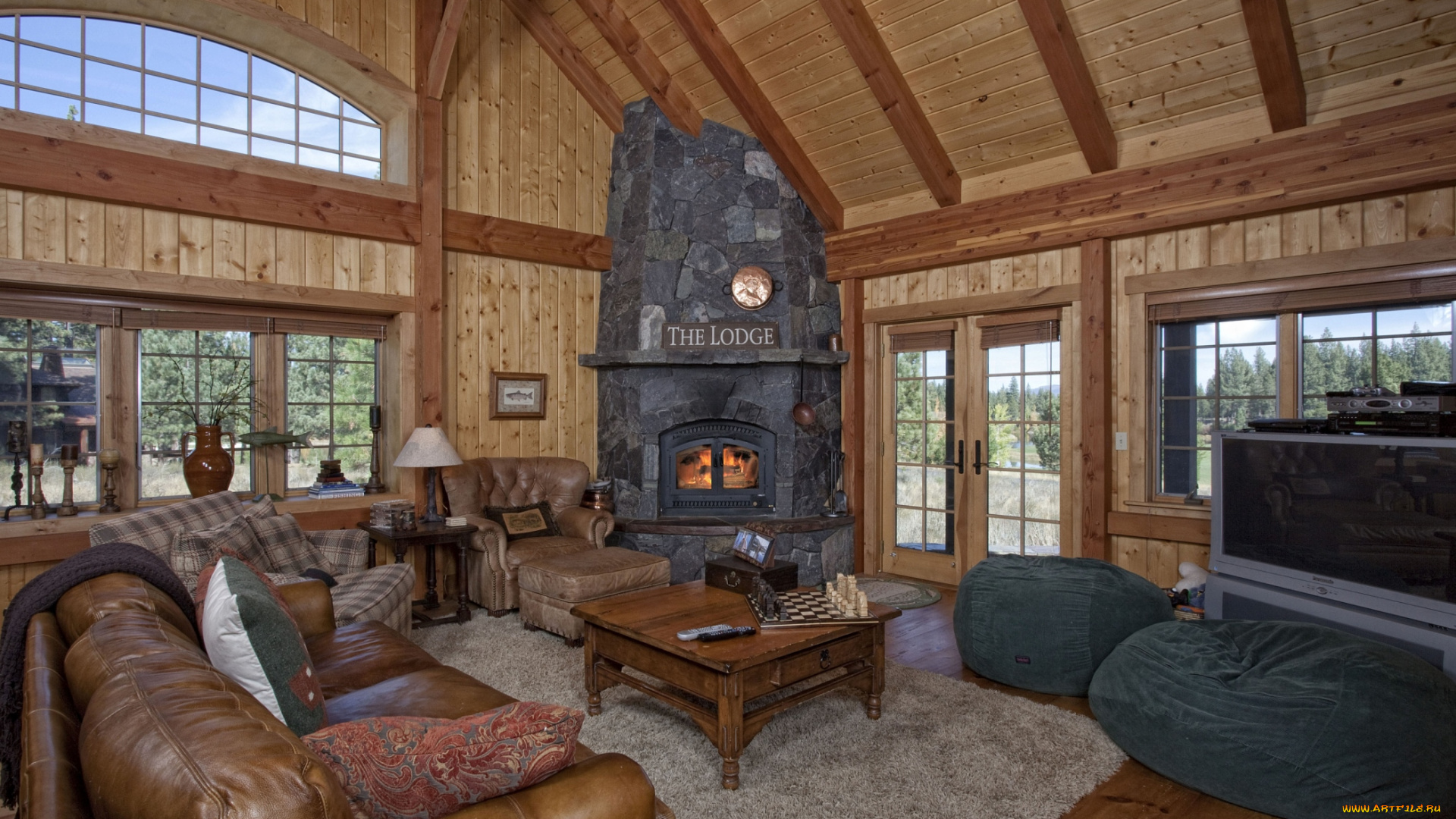 интерьер, гостиная, диван, камин