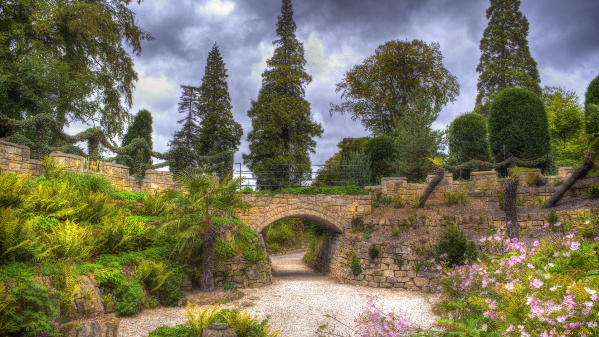 природа, парк, мост, дорожка, деревья, кустарник, цветы