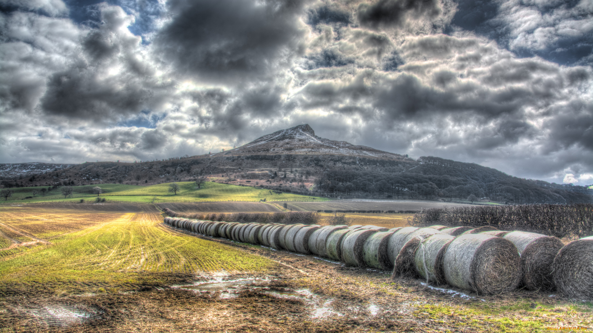 природа, поля, гора, поле, сено, тучи