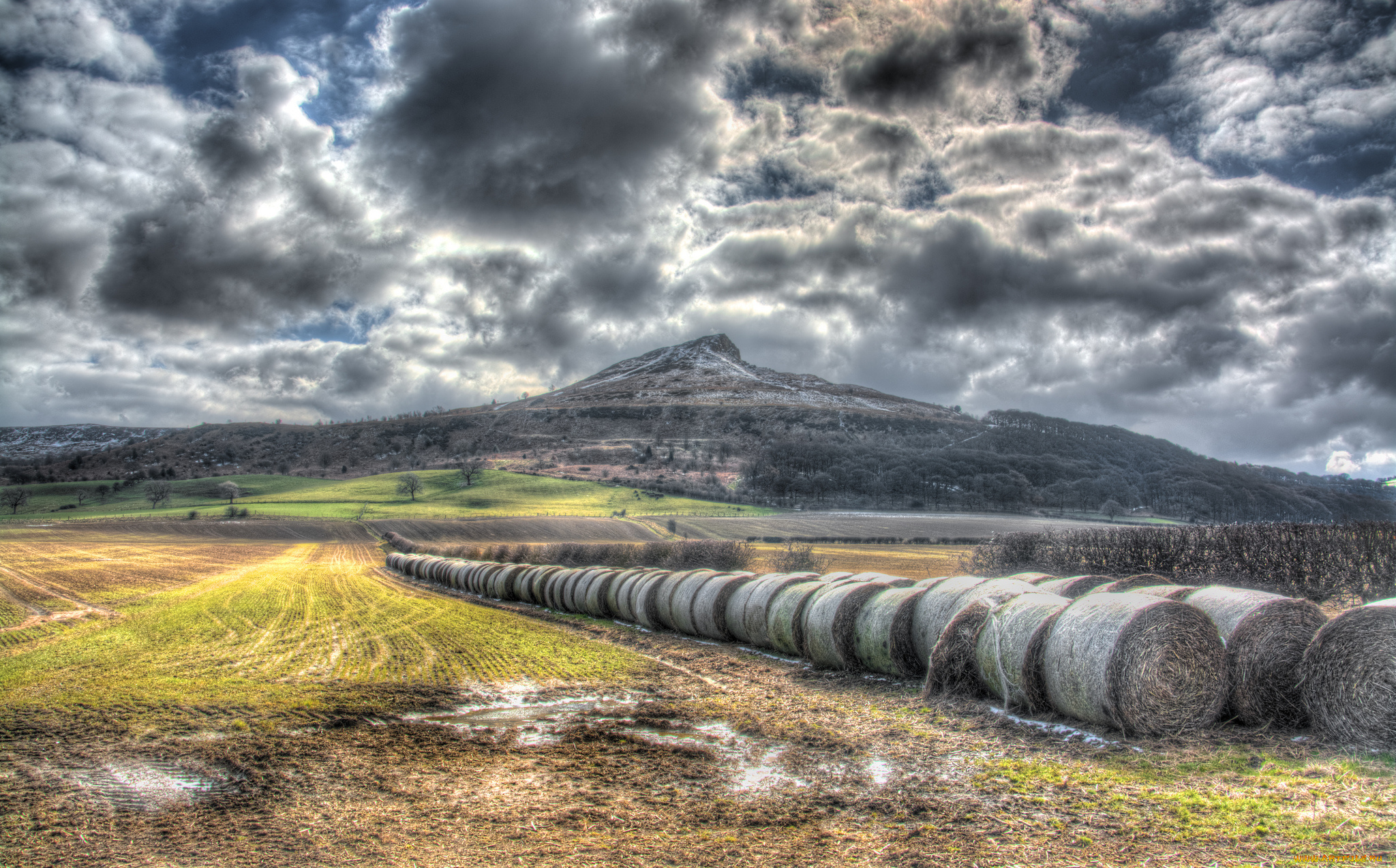 природа, поля, гора, поле, сено, тучи