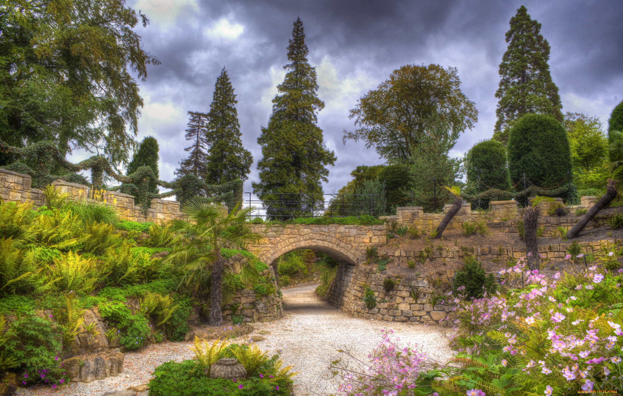 природа, парк, мост, дорожка, деревья, кустарник, цветы