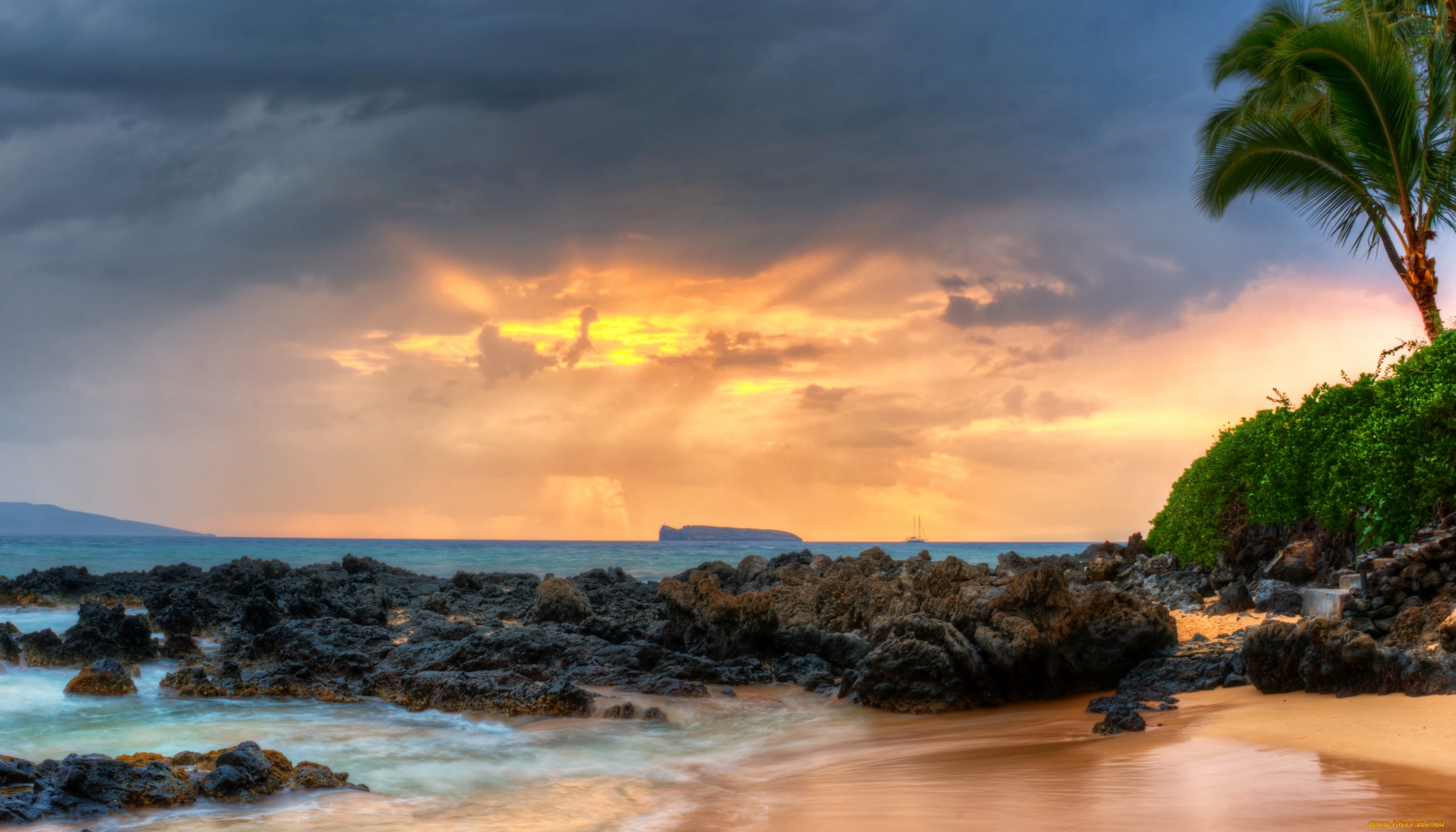 природа, побережье, море, закат