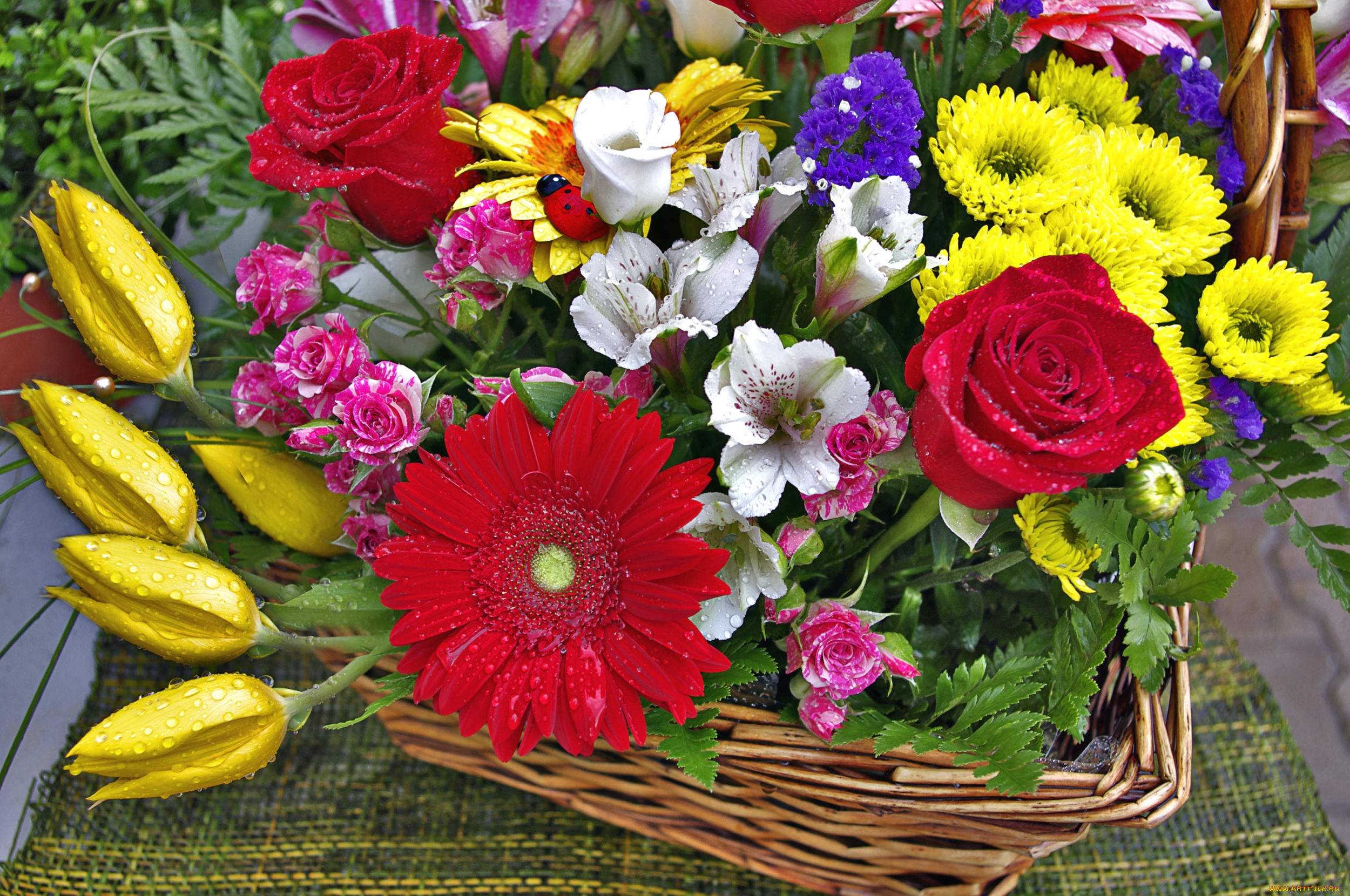 цветы, разные, вместе, розы, тюльпаны, герберы