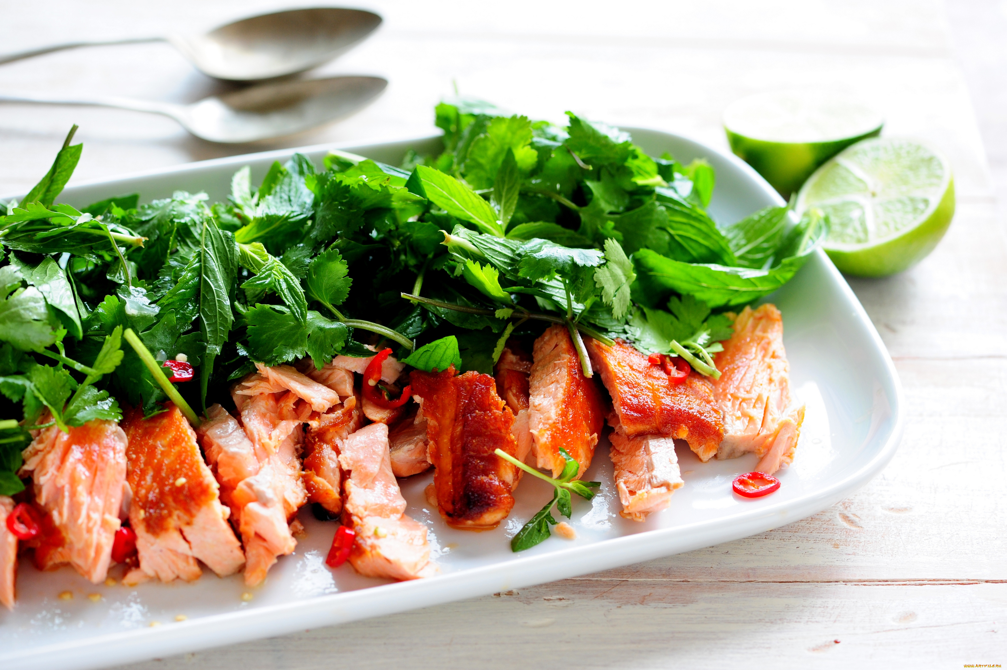 еда, рыбные, блюда, , с, морепродуктами, лайм, зелень, рыба
