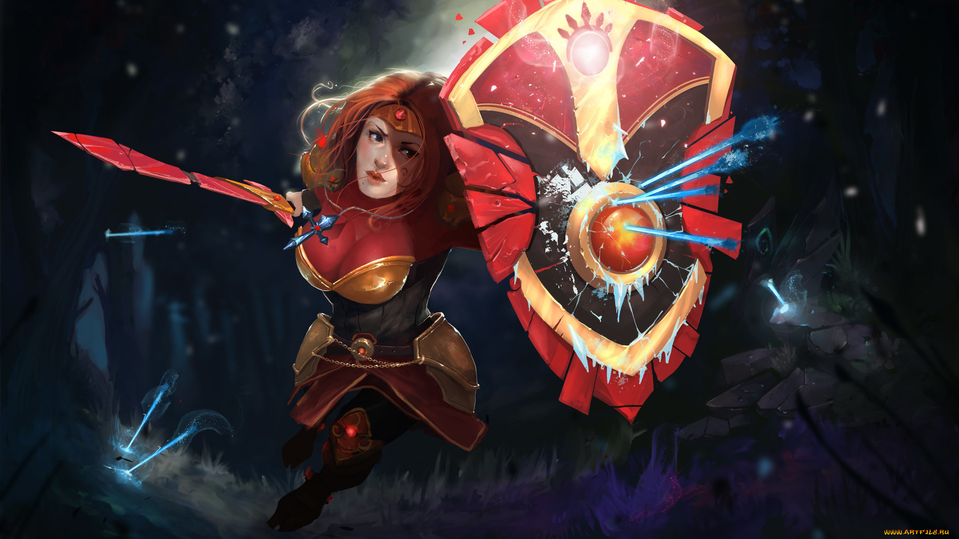 фэнтези, девушки, щит, меч, взгляд, эротика, девушка, арт, фантастика, рыжие, волосы