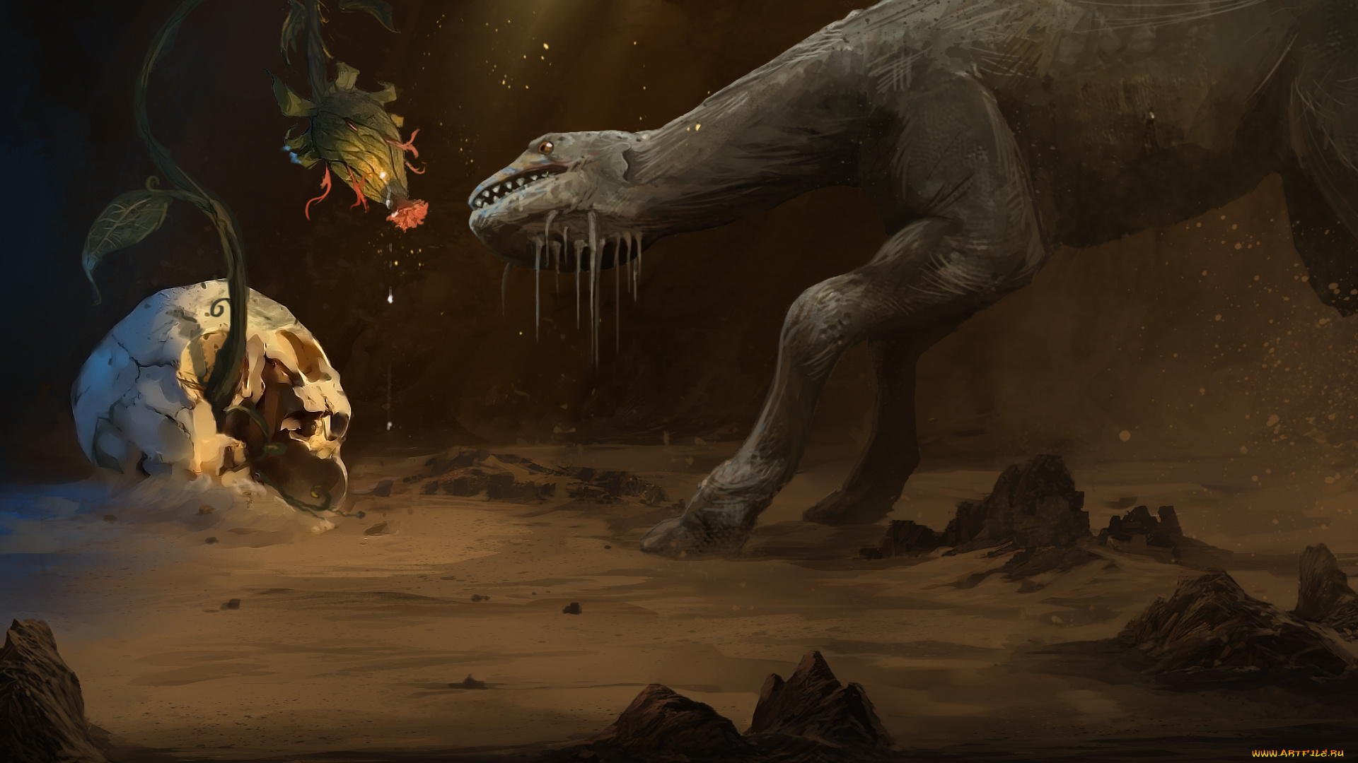 фэнтези, существа, песок, животное, череп, цветок, растение, существо, арт