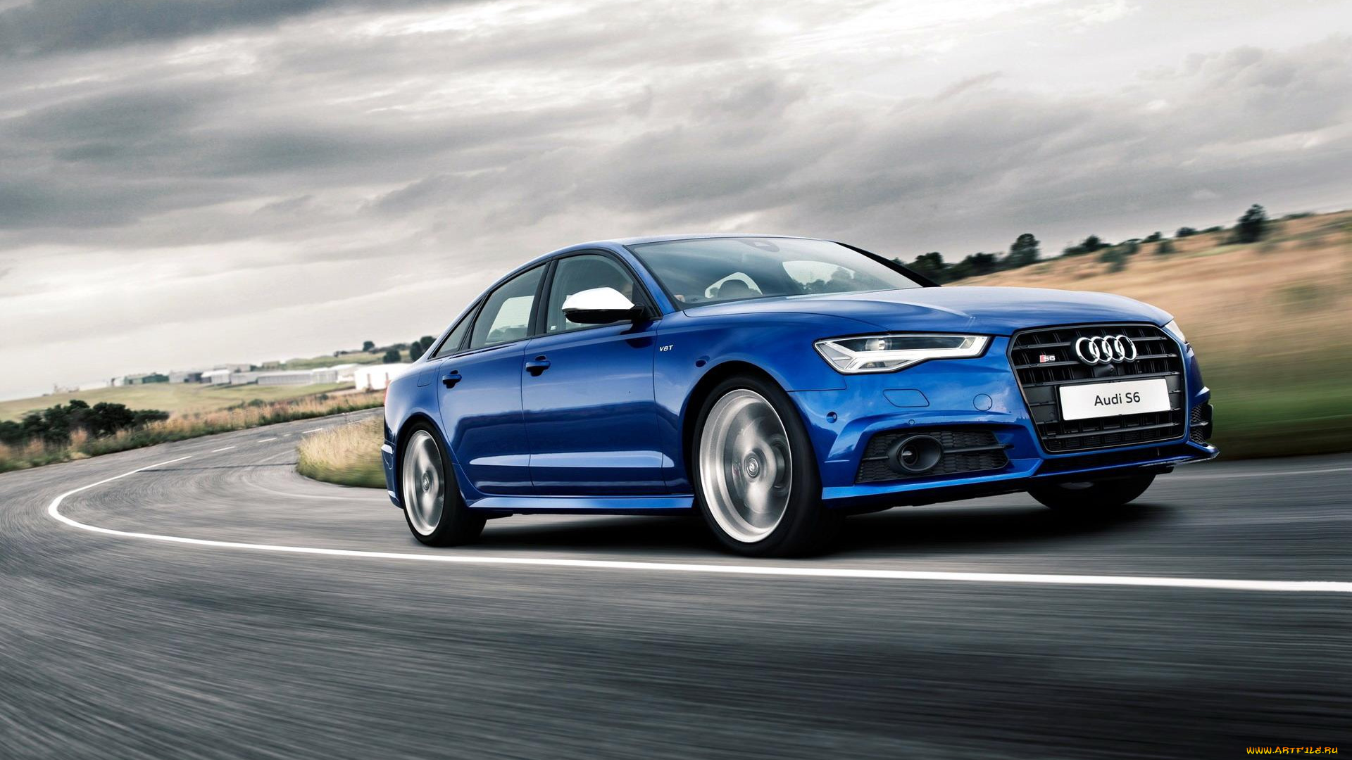 автомобили, audi, ауди, s6, синяя, тучи, скорость, дорога, трасса, шоссе, поворот