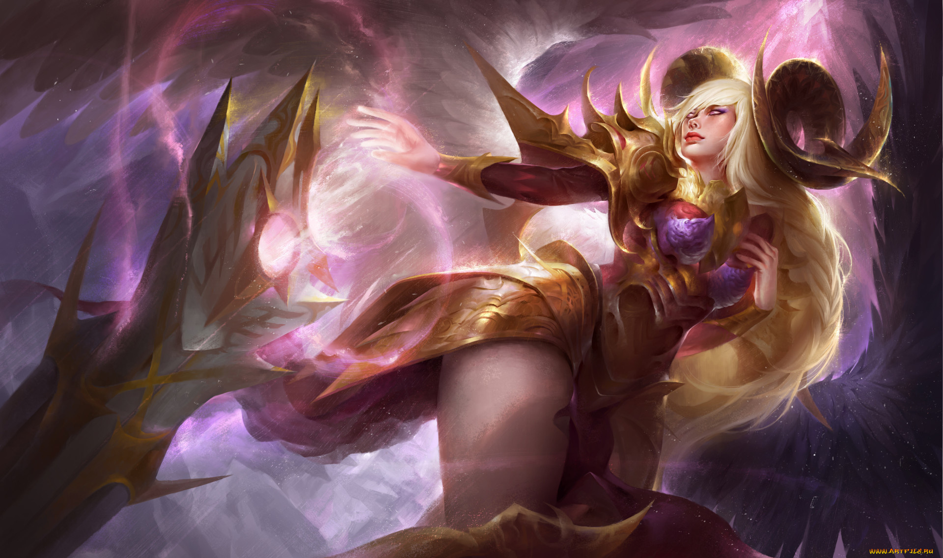 фэнтези, существа, фантастика, арт, демоница, рога, крылья, магия