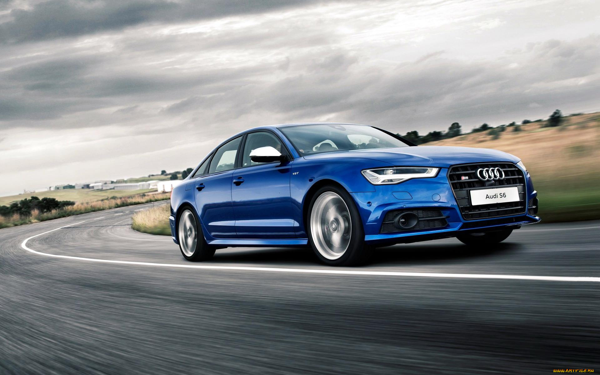 автомобили, audi, ауди, s6, синяя, тучи, скорость, дорога, трасса, шоссе, поворот