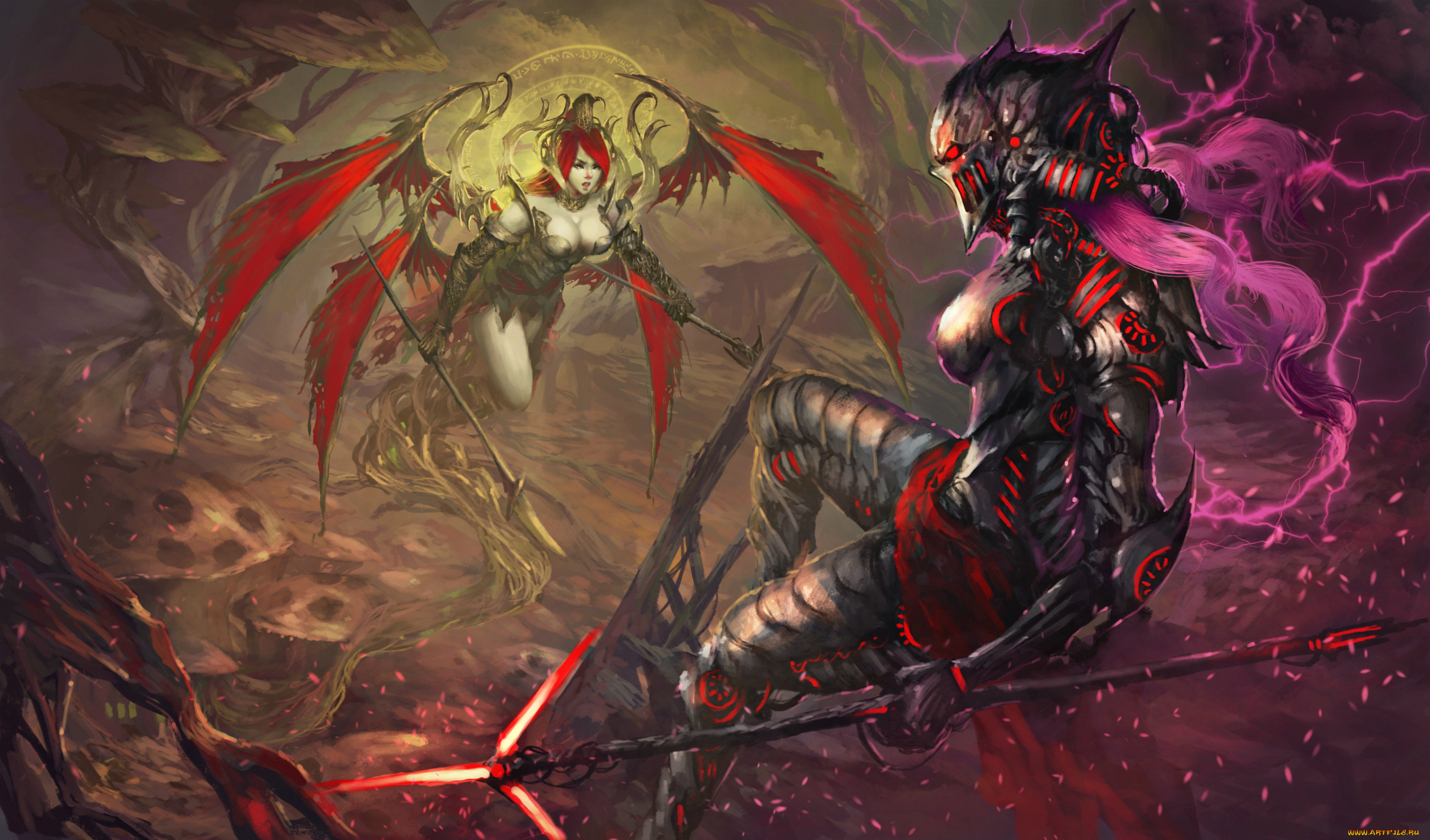 фэнтези, существа, фантастика, арт, демоница, крылья, оружие, полет
