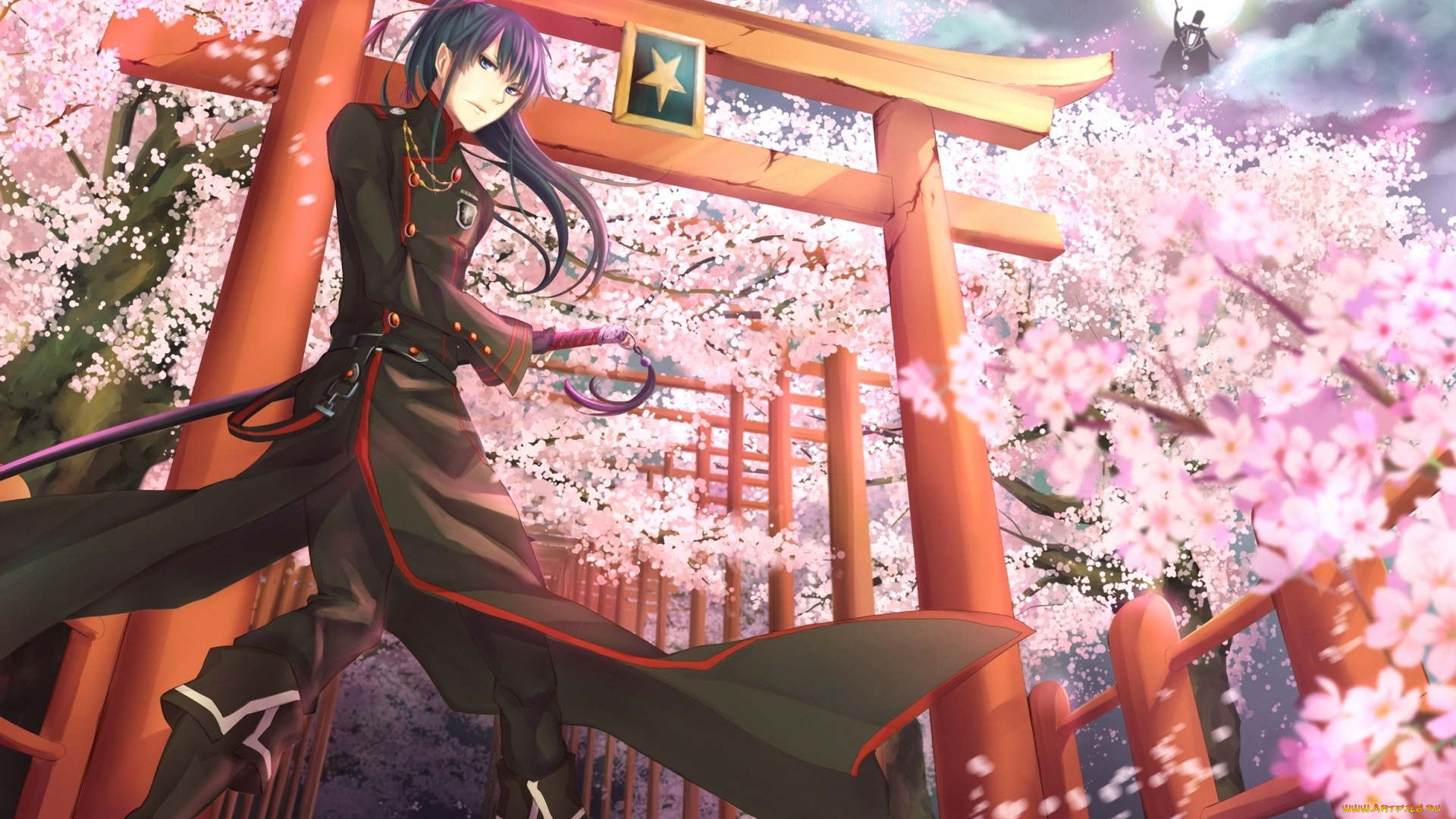 аниме, , gray-man, воин, экзорцист, kanda, меч, оружие, луна, сакура, граф, зонт