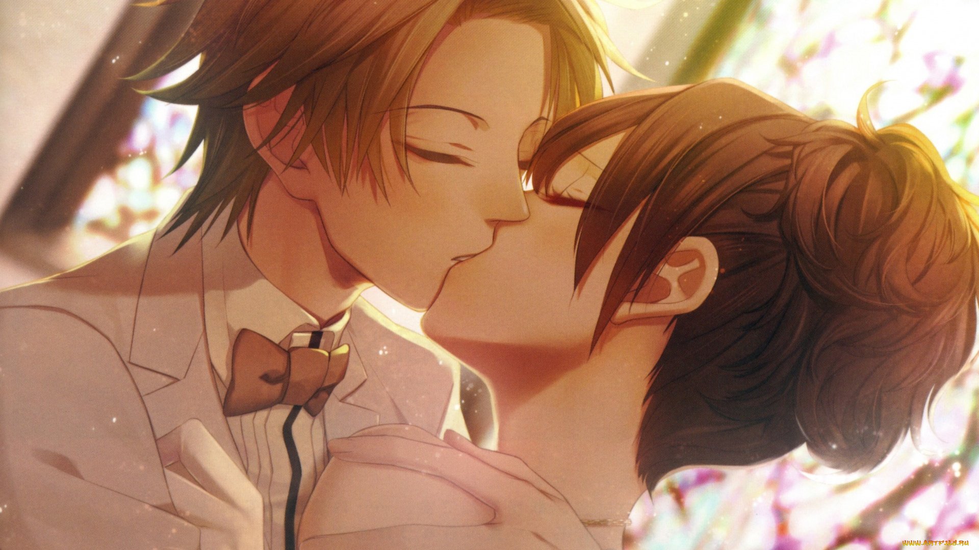 аниме, clock, zero, поцелуй, жених, и, невеста, галстук-бабочка, art, закрытые, глаза, journalist, clock, zero, nadeshiko, kurou, nagaoka, свадьба