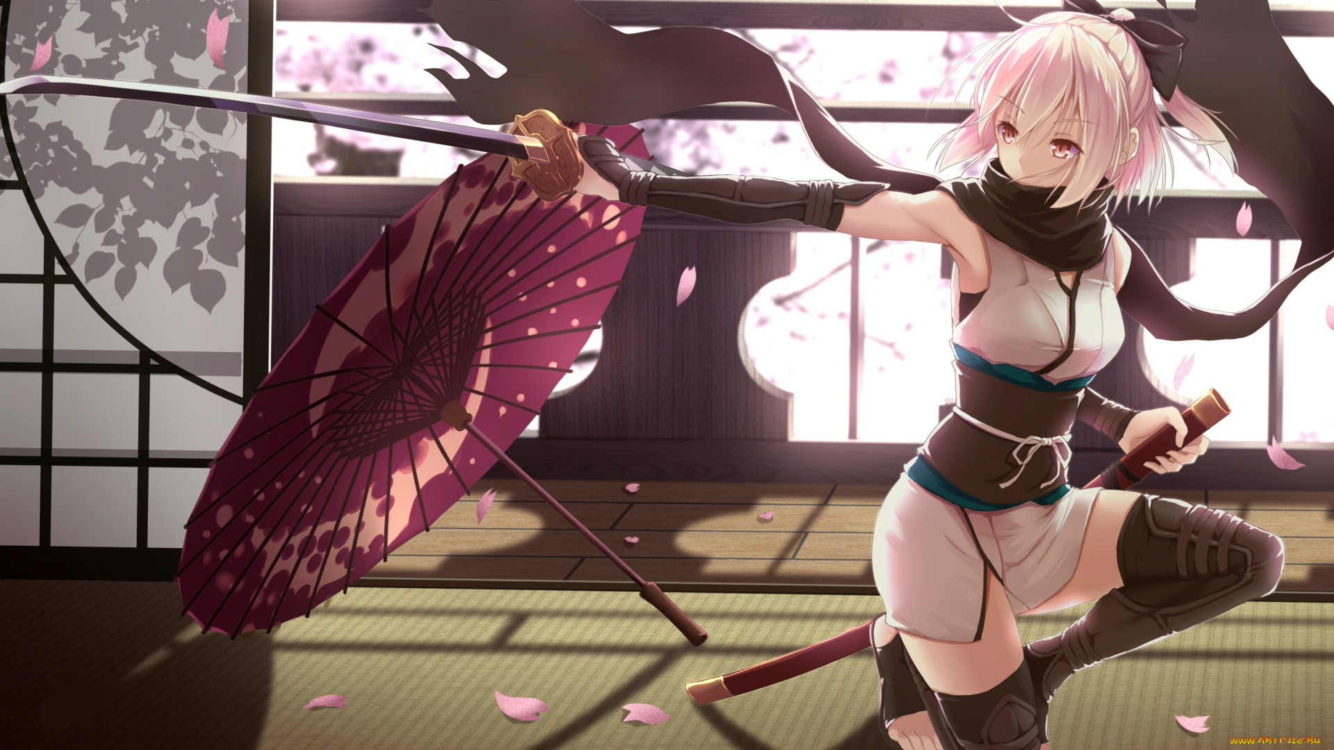 аниме, fate, stay, night, зонт, art, anime, оружие, лепестки, меч, девушка