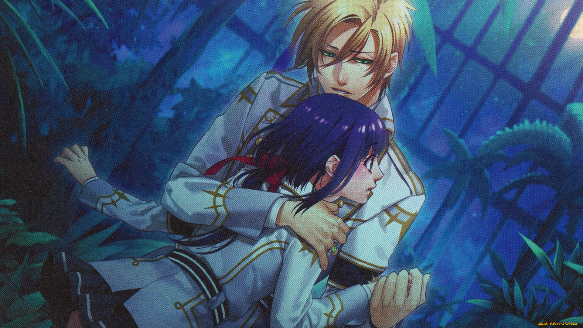 аниме, kamigami, no, asobi, объятия, apollon, agana, belea, оранжерея, свидание, ночь, kamigami, no, asobi, yone, kazuki, луна, art, yui, kusanagi, visual, novel, военная, форма, двое