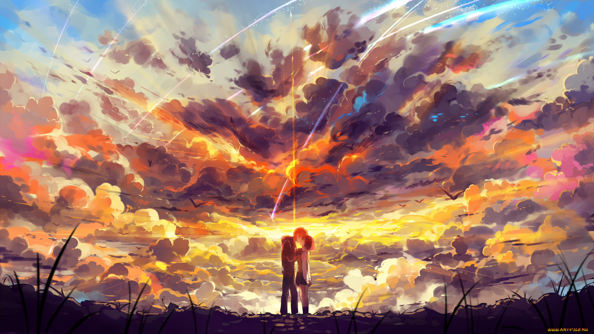 аниме, kimi, no, na, wa, небо, tachibana, taki, двое, школьники, форма, haraguroi, you, kimi, no, na, wa, арт, парень, miyamizu, mitsuha, закат, облака, поцелуй, птицы, девушка