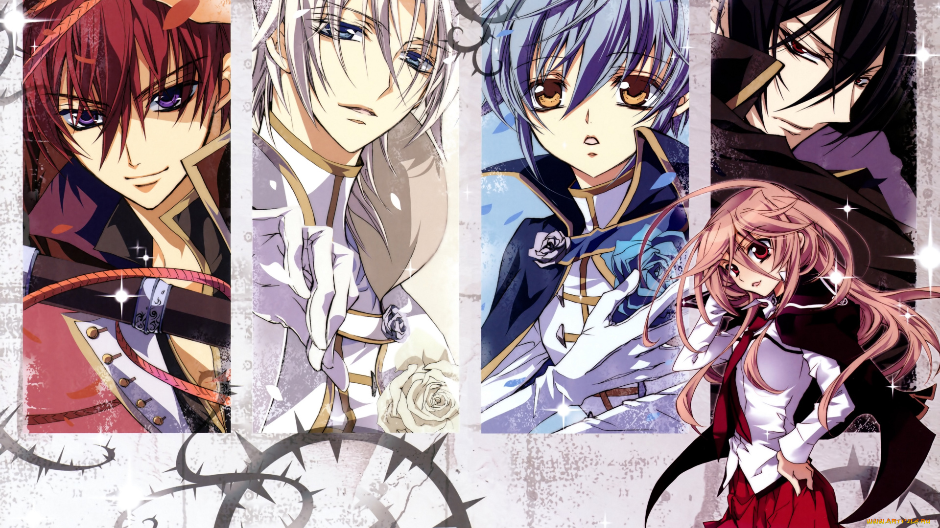 аниме, kiss, of, rose, princess, mitsuru, tenjoh, anise, yamamoto, art, розовые, волосы, парни, mutsuki, kurama, kiss, of, rose, princess, kaede, higa, seiran, asagi, aya, shouoto, взгляд