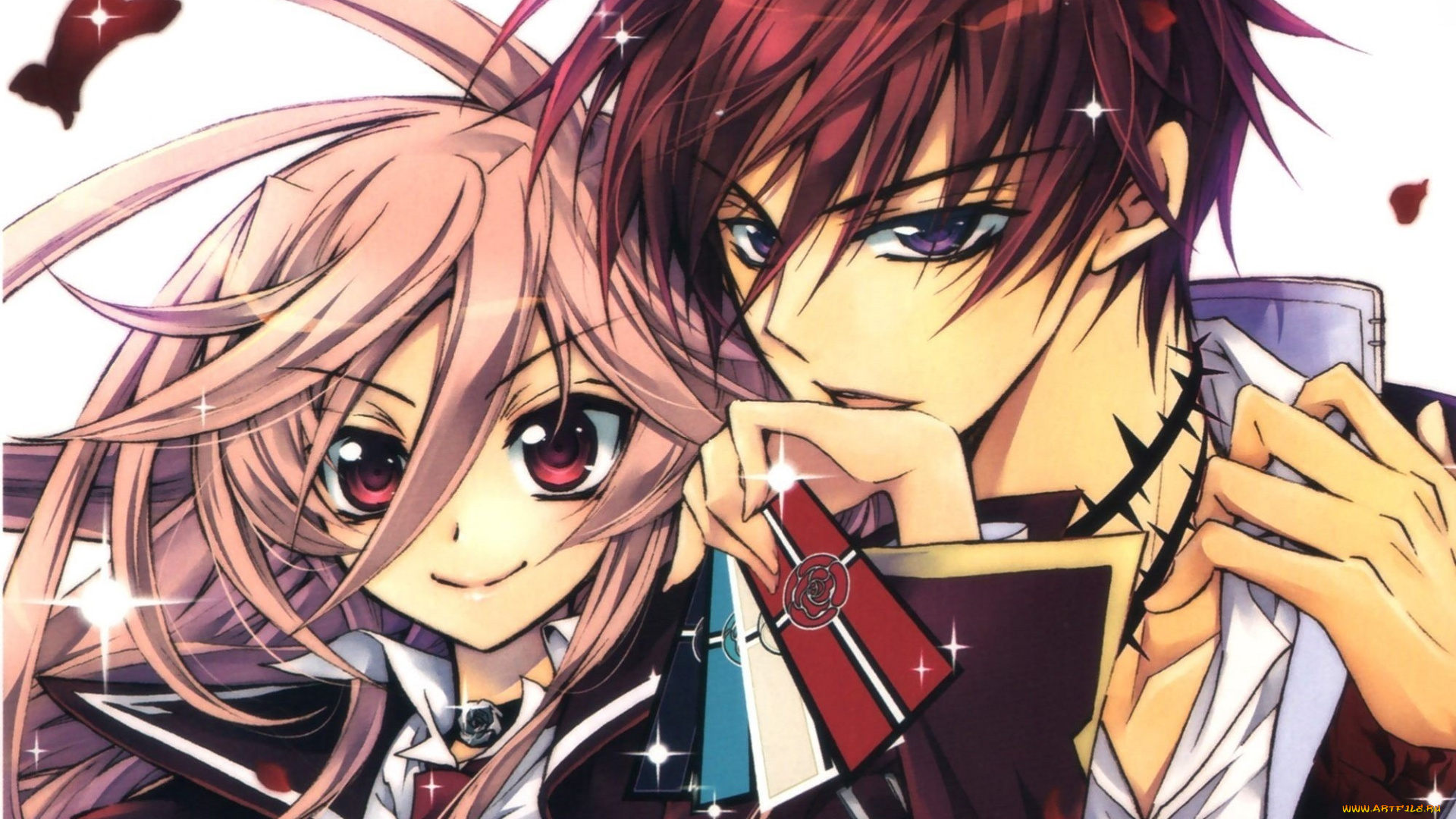 аниме, kiss, of, rose, princess, стебли, с, шипами, воротник, карты, розовые, волосы, art, anise, yamamoto, большие, глаза, kiss, of, rose, princess, kaede, higa, aya, shouoto, руки, взгляд, двое