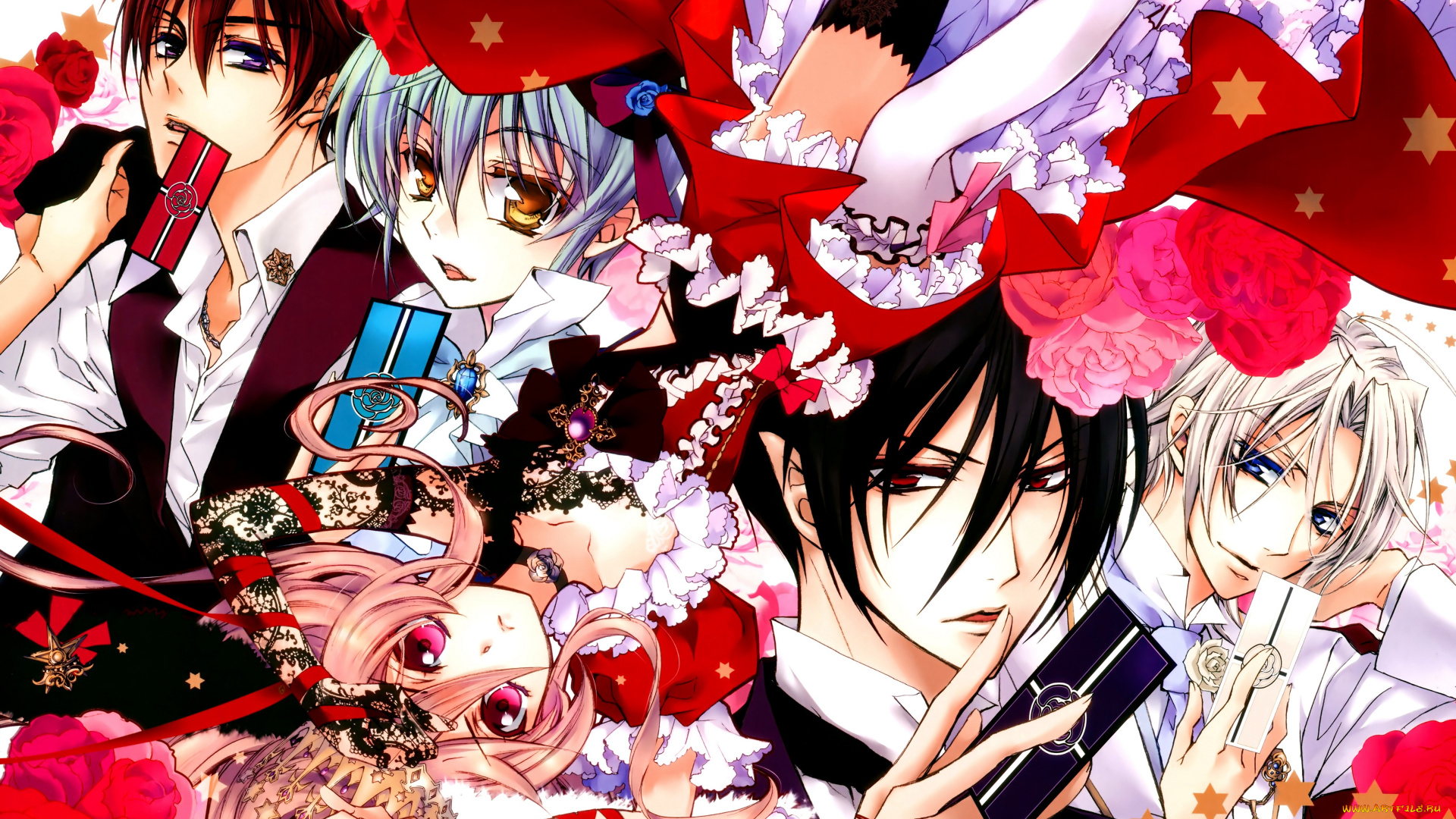 аниме, kiss, of, rose, princess, стебли, с, шипами, чёрная, роза, красные, глаза, лепестки, белый, фон, art, mutsuki, kurama, парень, kiss, of, rose, princess, aya, shouoto